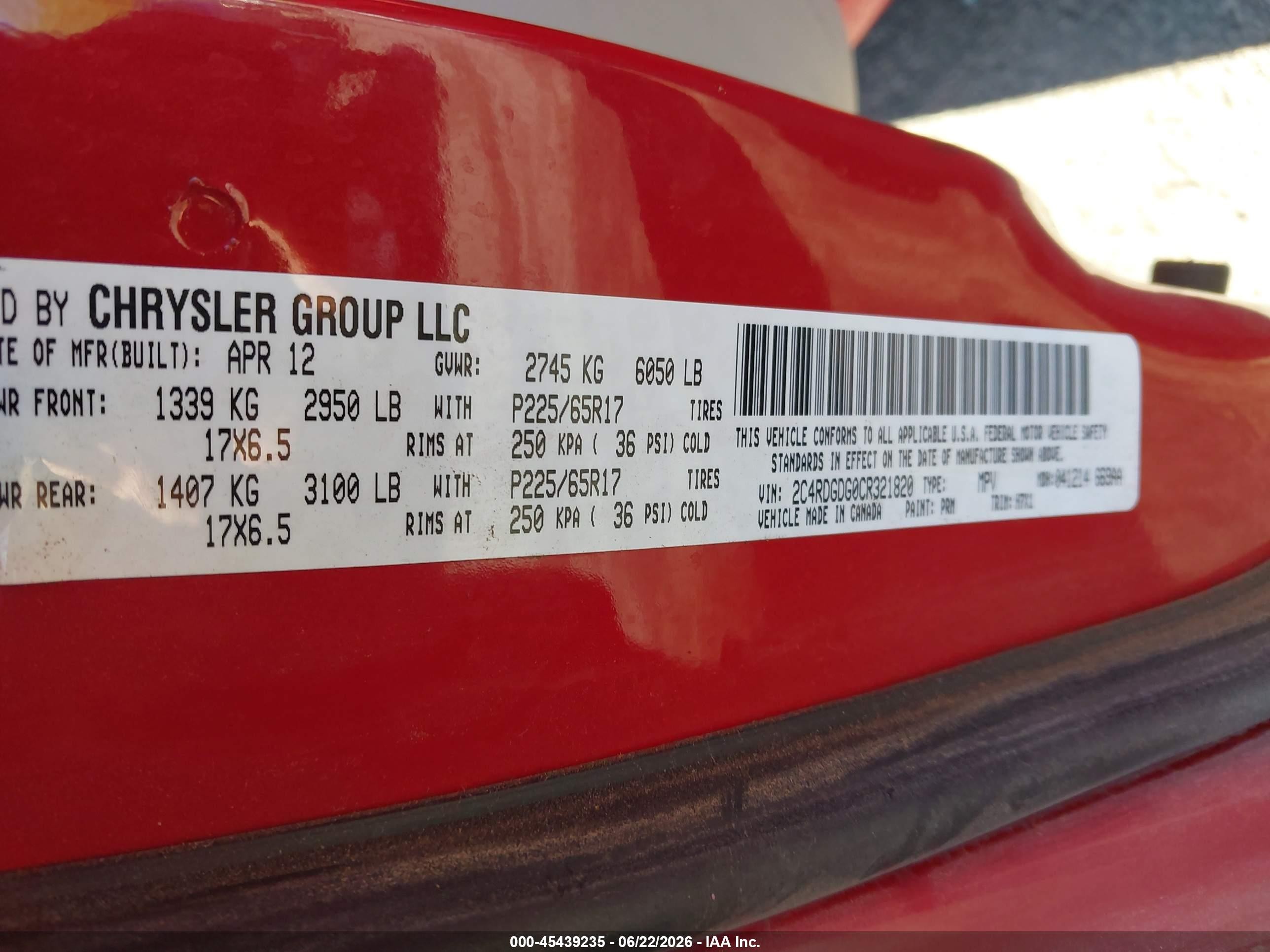 2012 Dodge Grand Caravan Crew Red vin: 2C4RDGDG0CR321820