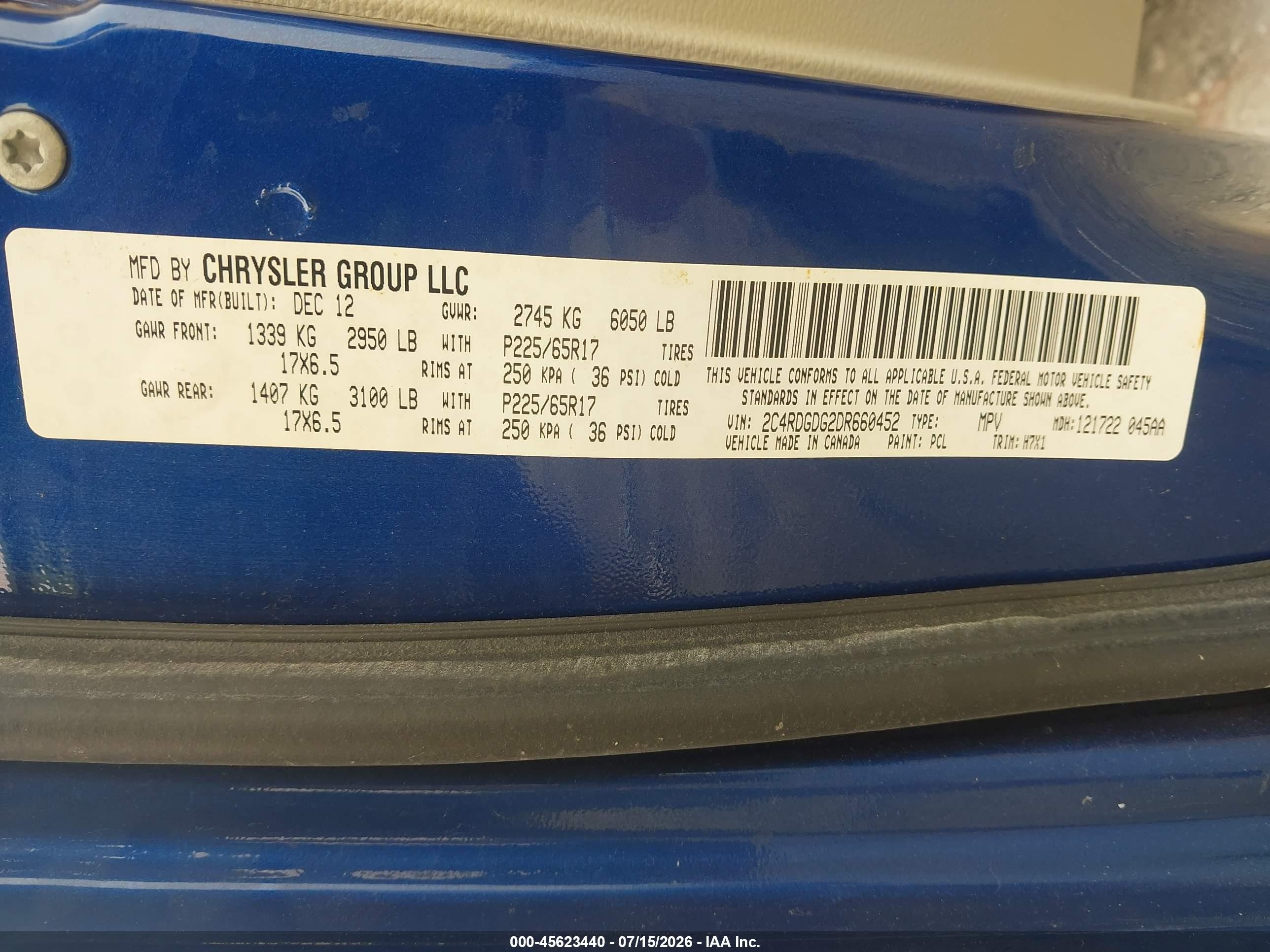 2013 Dodge Grand Caravan Crew Blue vin: 2C4RDGDG2DR660452
