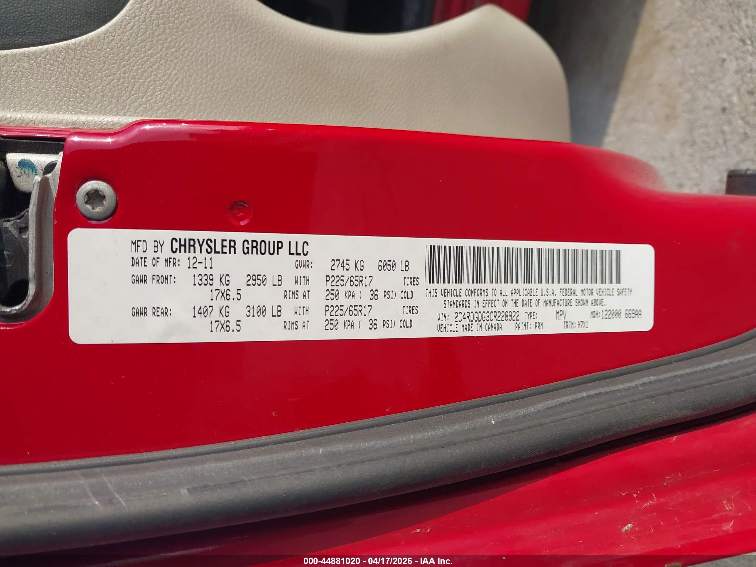 2012 Dodge Grand Caravan Crew Red vin: 2C4RDGDG3CR228922