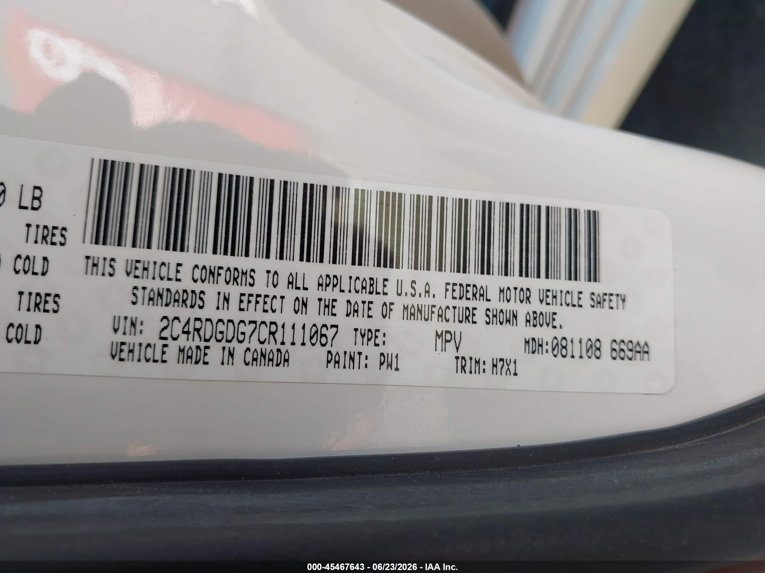 2012 Dodge Grand Caravan Crew vin: 2C4RDGDG7CR111067