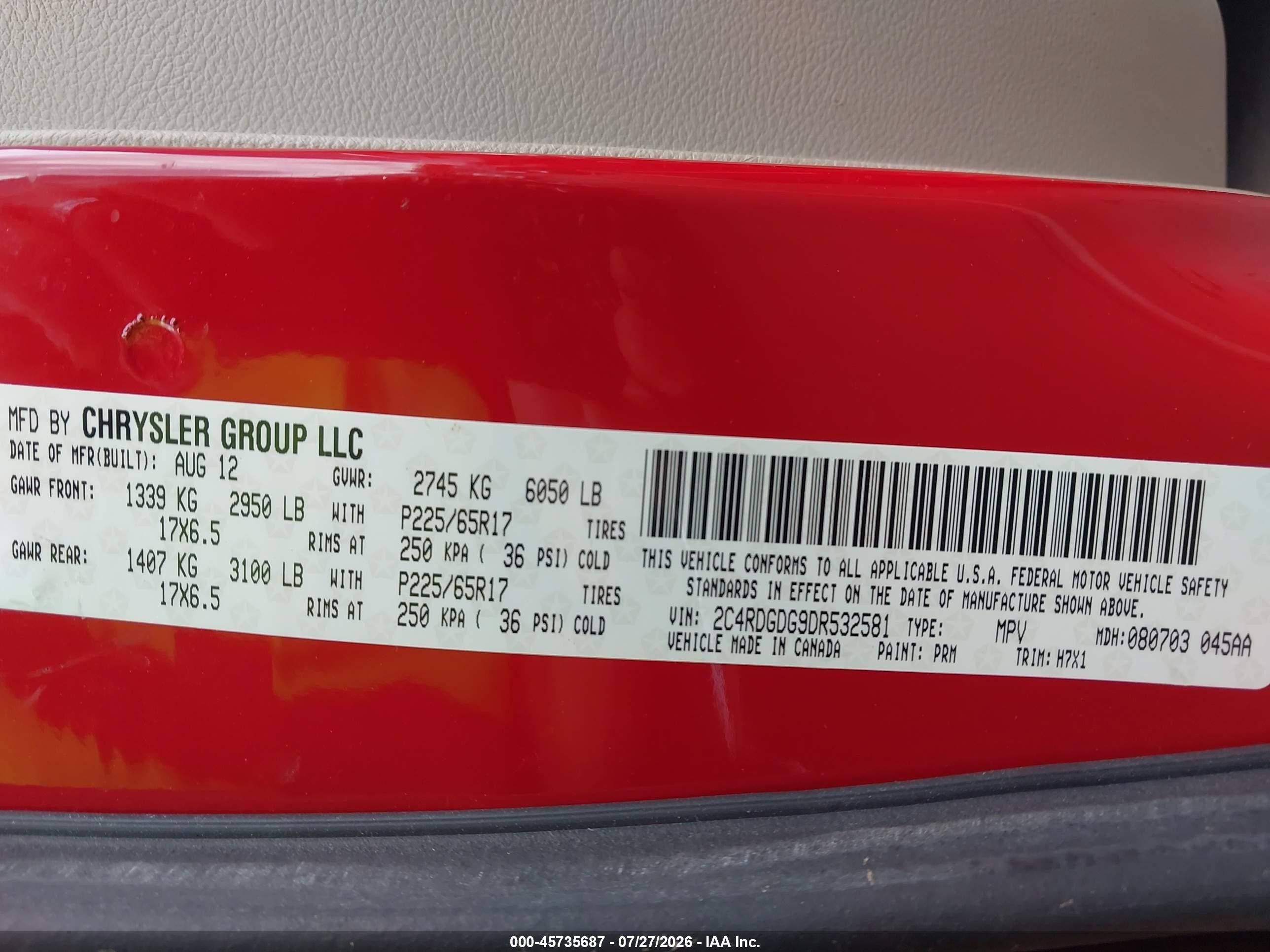 2013 Dodge Grand Caravan Crew Red vin: 2C4RDGDG9DR532581