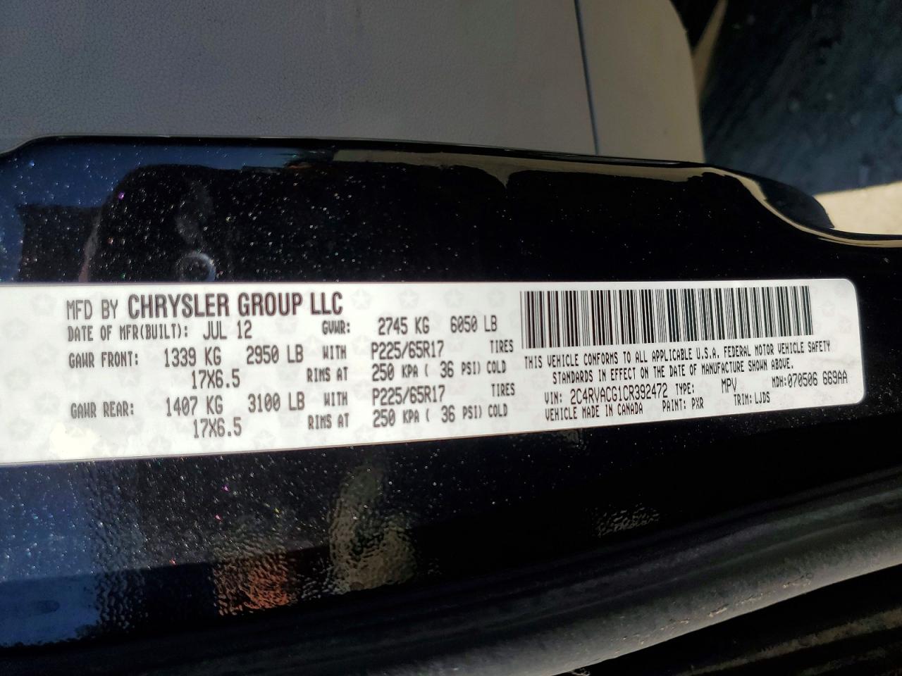 2012 Volkswagen Routan Sel Black vin: 2C4RVACG1CR392472