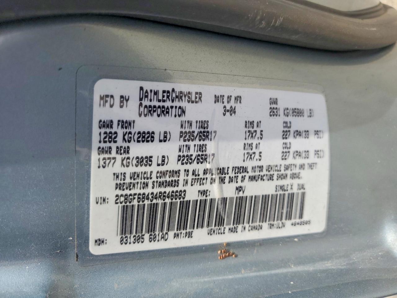 2004 Chrysler Pacifica Blue vin: 2C8GF68434R646683