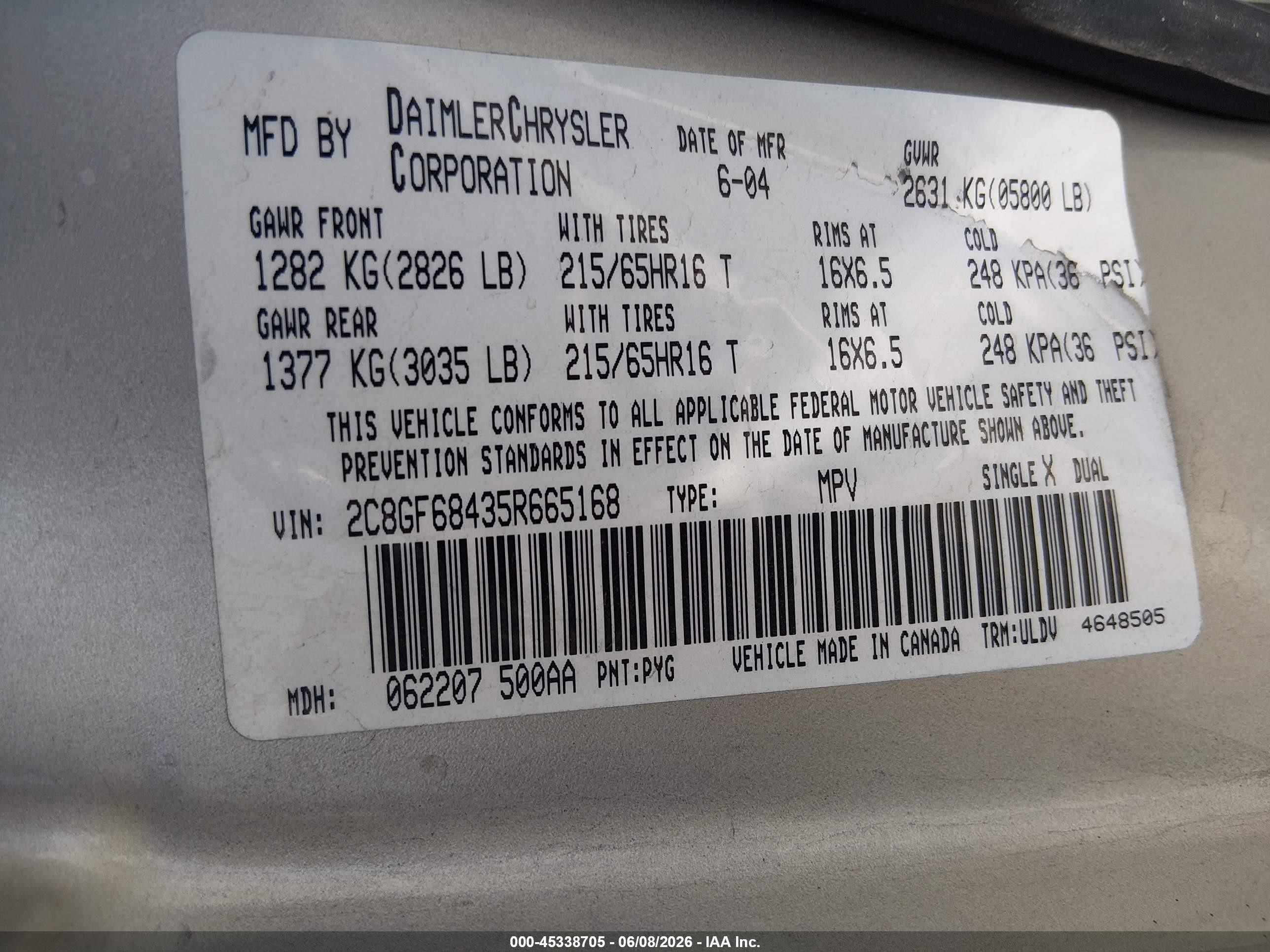 2005 Chrysler Pacifica Touring Gold vin: 2C8GF68435R665168