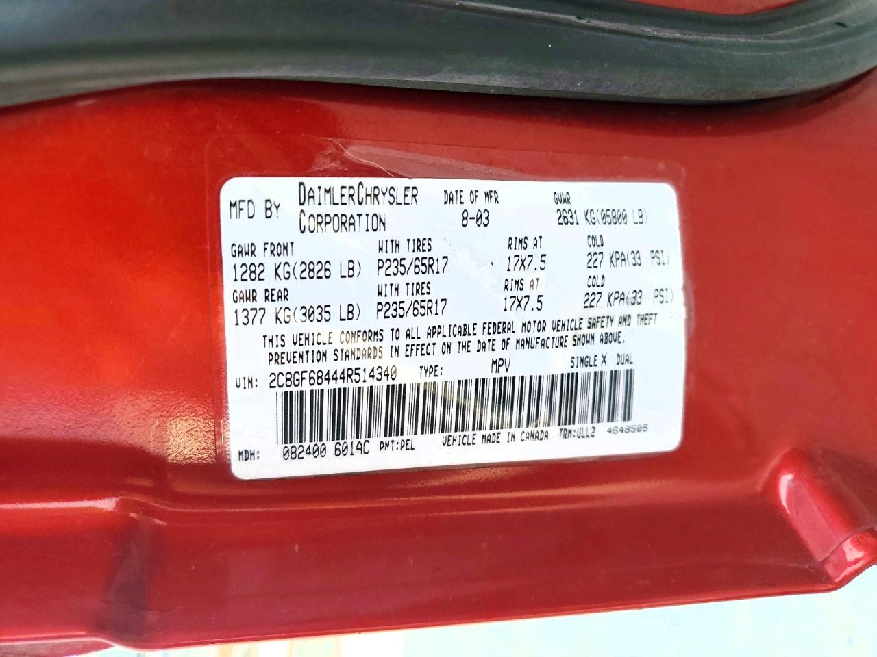 2004 Chrysler Pacifica Red vin: 2C8GF68444R514340