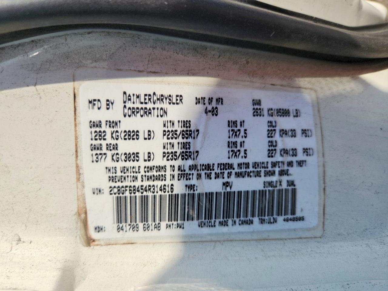 2004 Chrysler Pacifica White vin: 2C8GF68454R314616