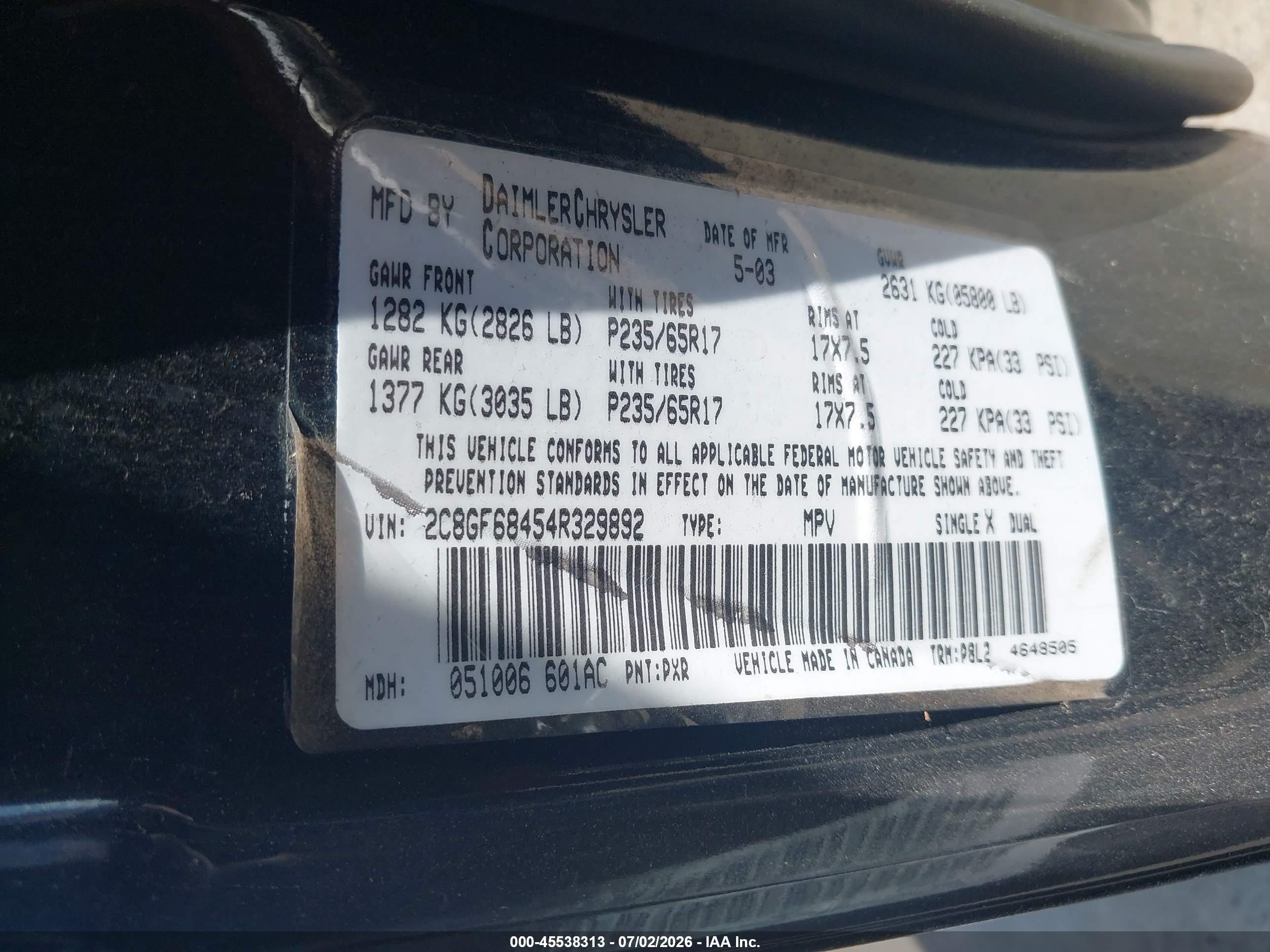 2004 Chrysler Pacifica   Black vin: 2C8GF68454R329892