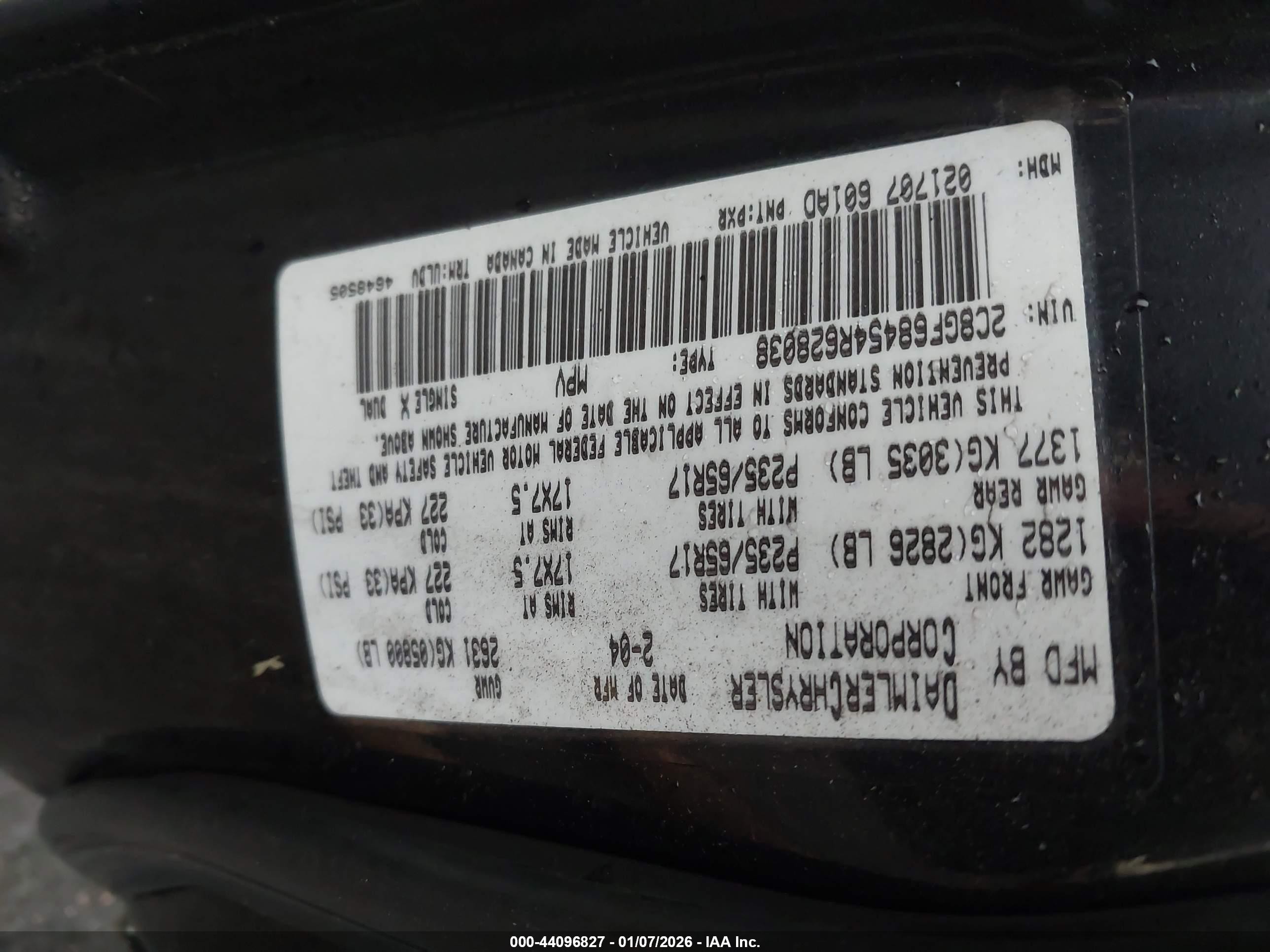 2004 Chrysler Pacifica   Черный vin: 2C8GF68454R628038