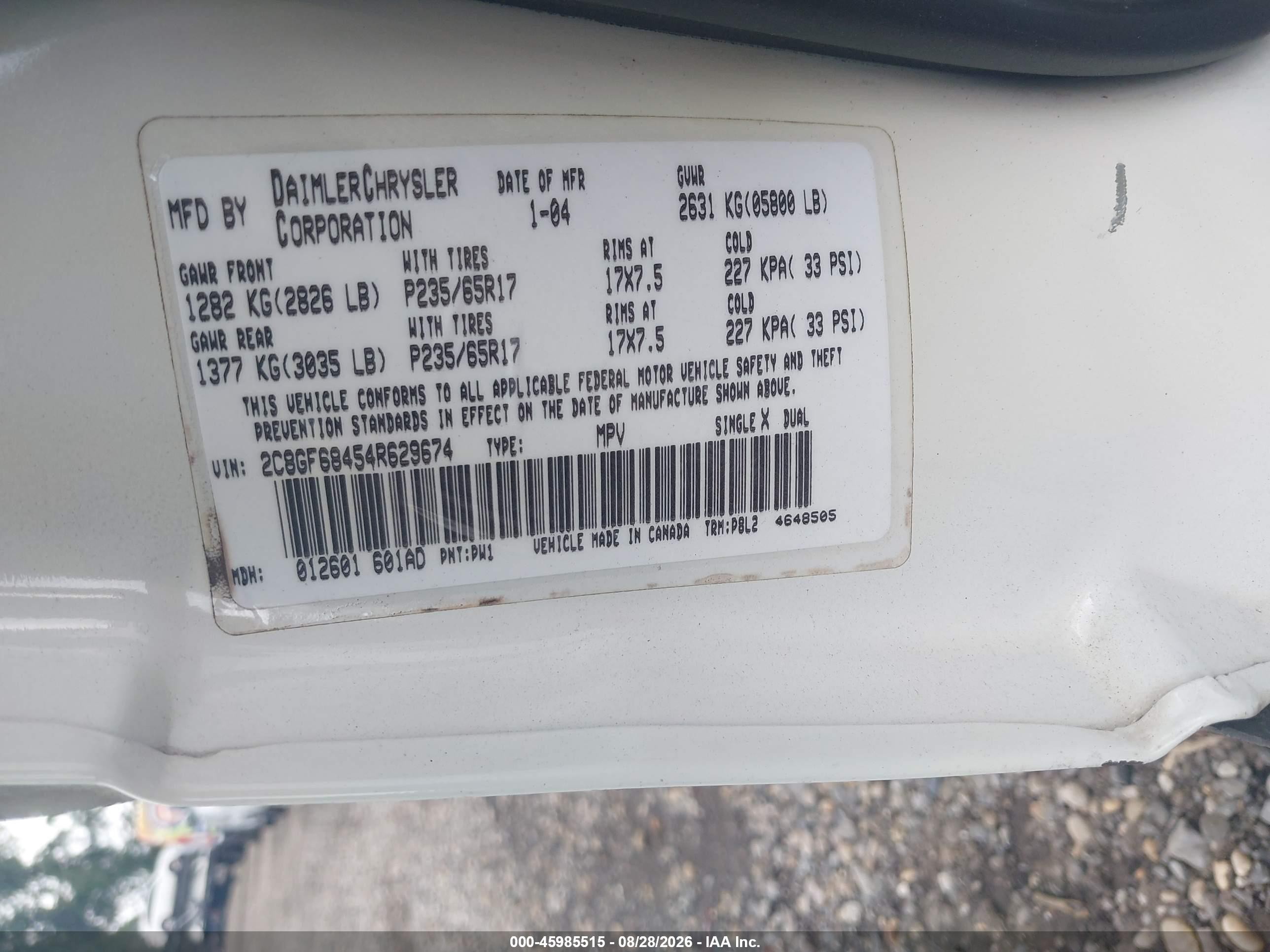 2004 Chrysler Pacifica   White vin: 2C8GF68454R629674