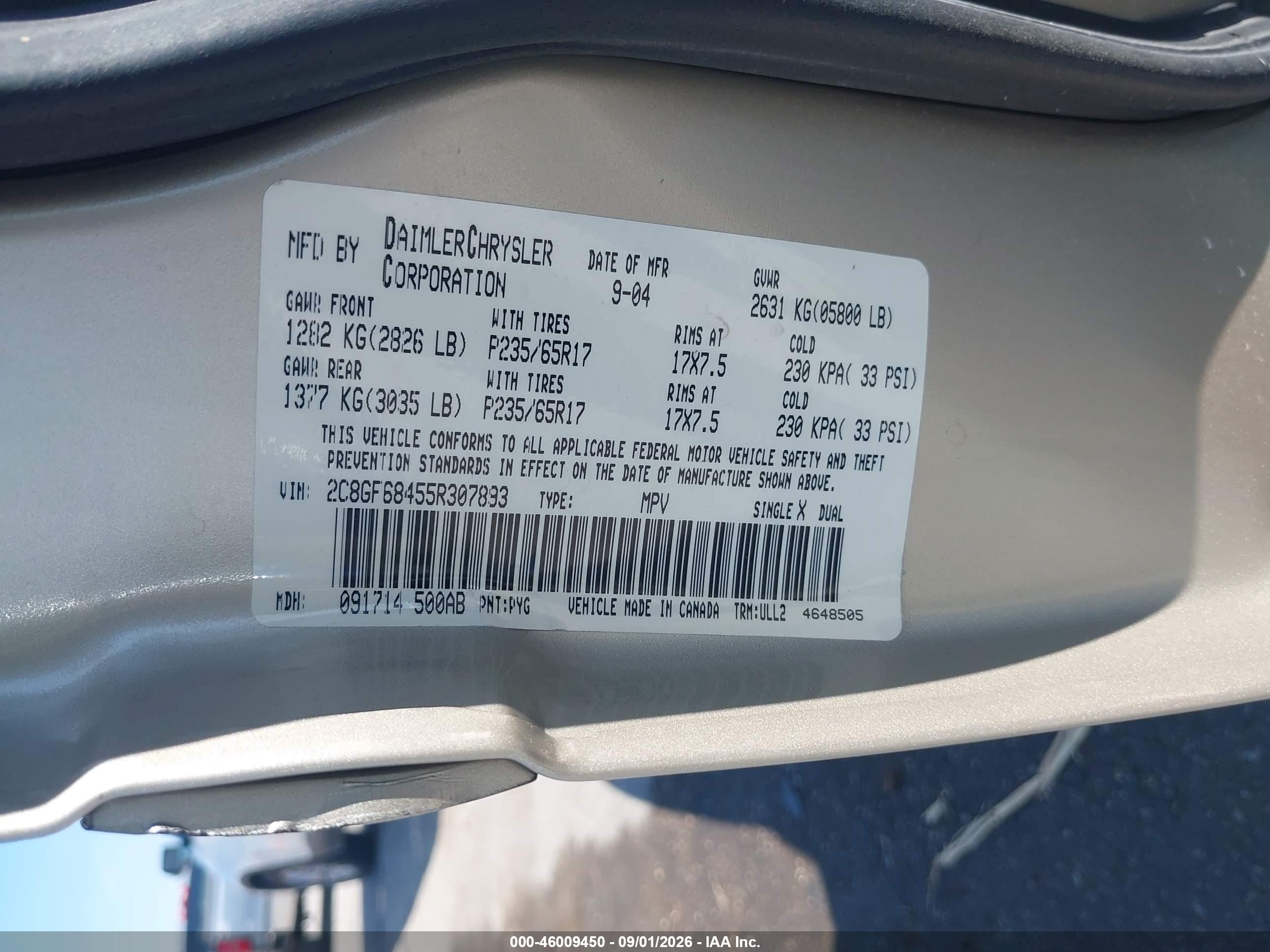 2005 Chrysler Pacifica Touring Gold vin: 2C8GF68455R307893