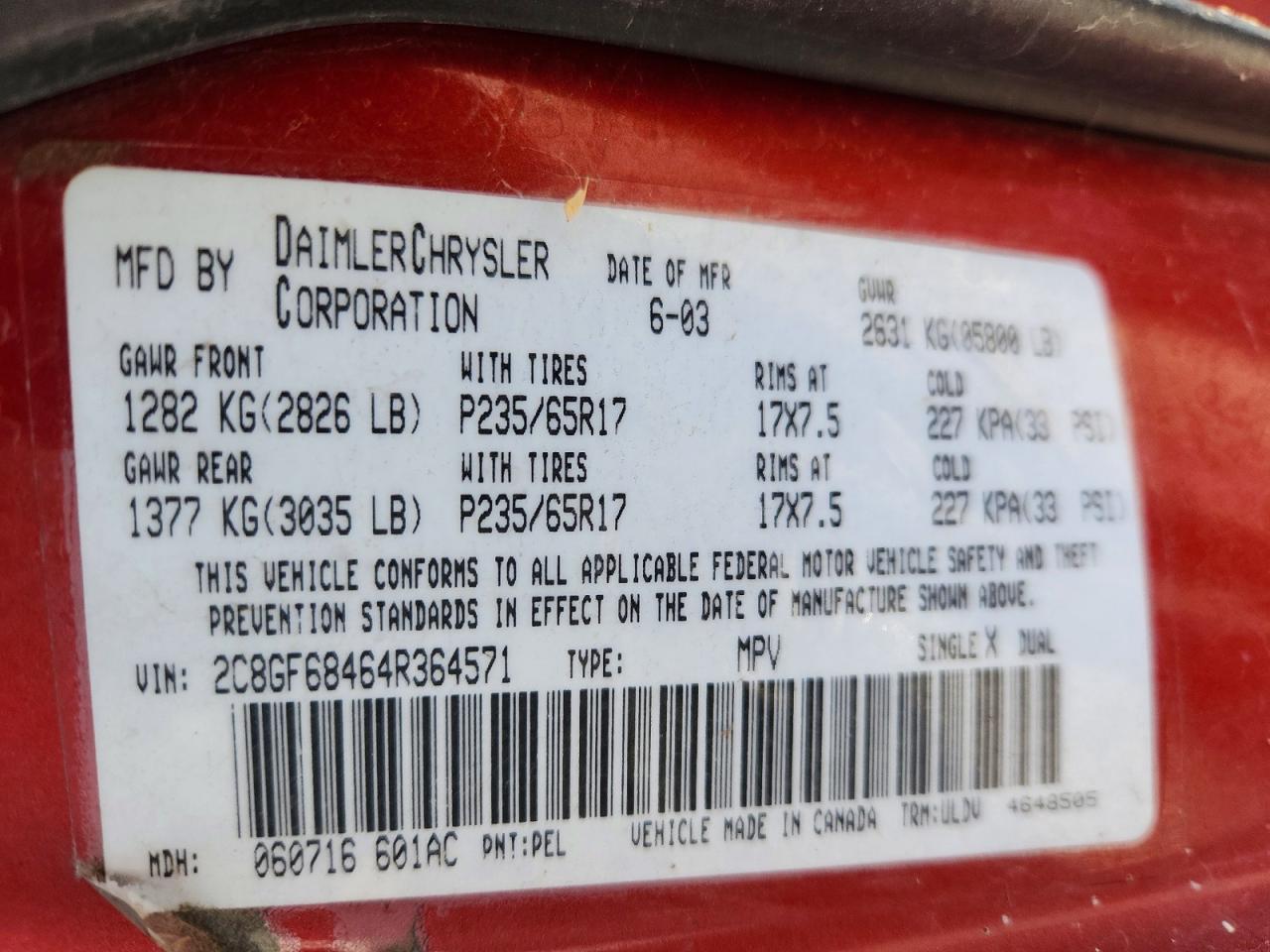 2004 Chrysler Pacifica Red vin: 2C8GF68464R364571