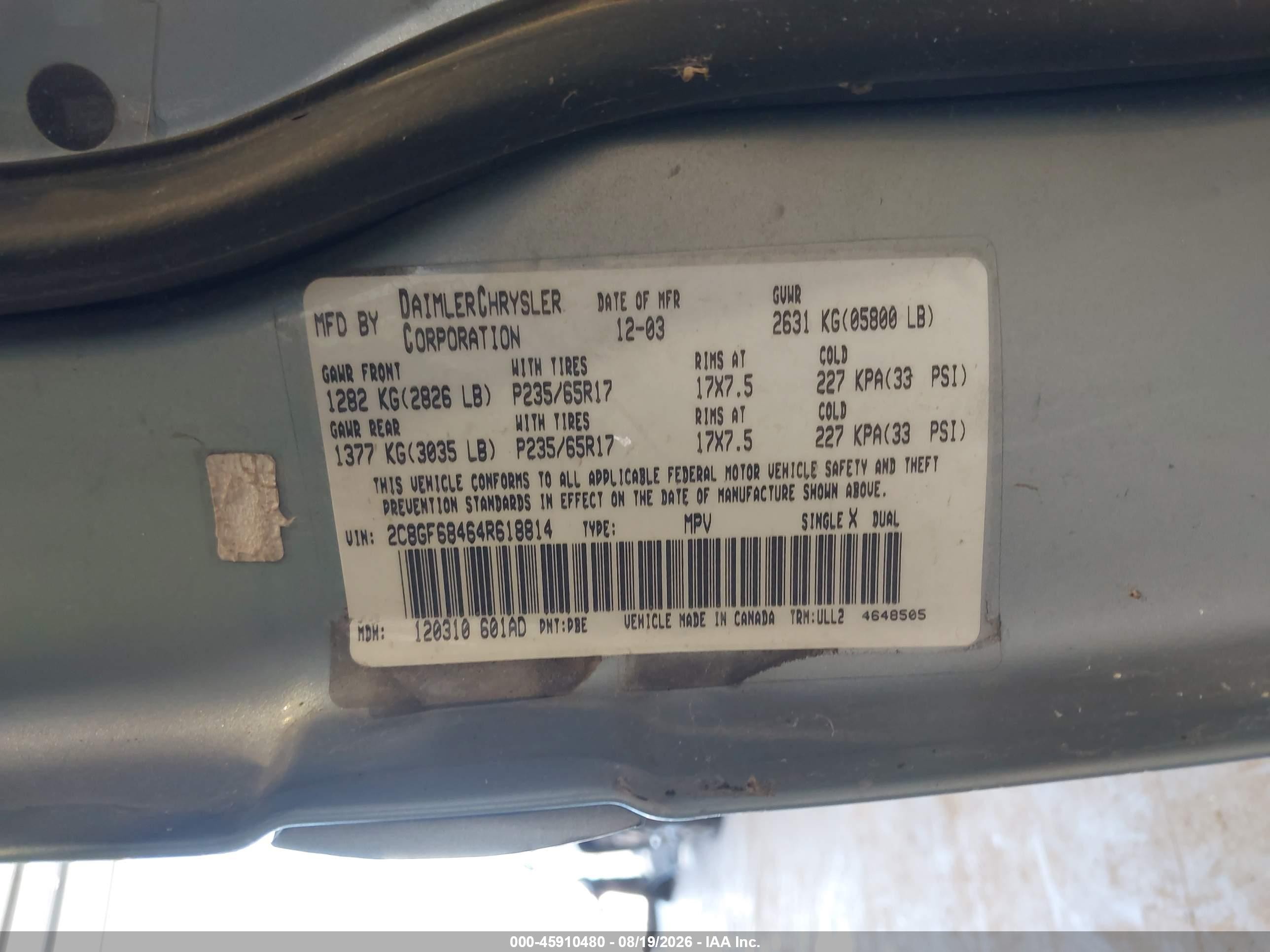 2004 Chrysler Pacifica   Серый vin: 2C8GF68464R618814