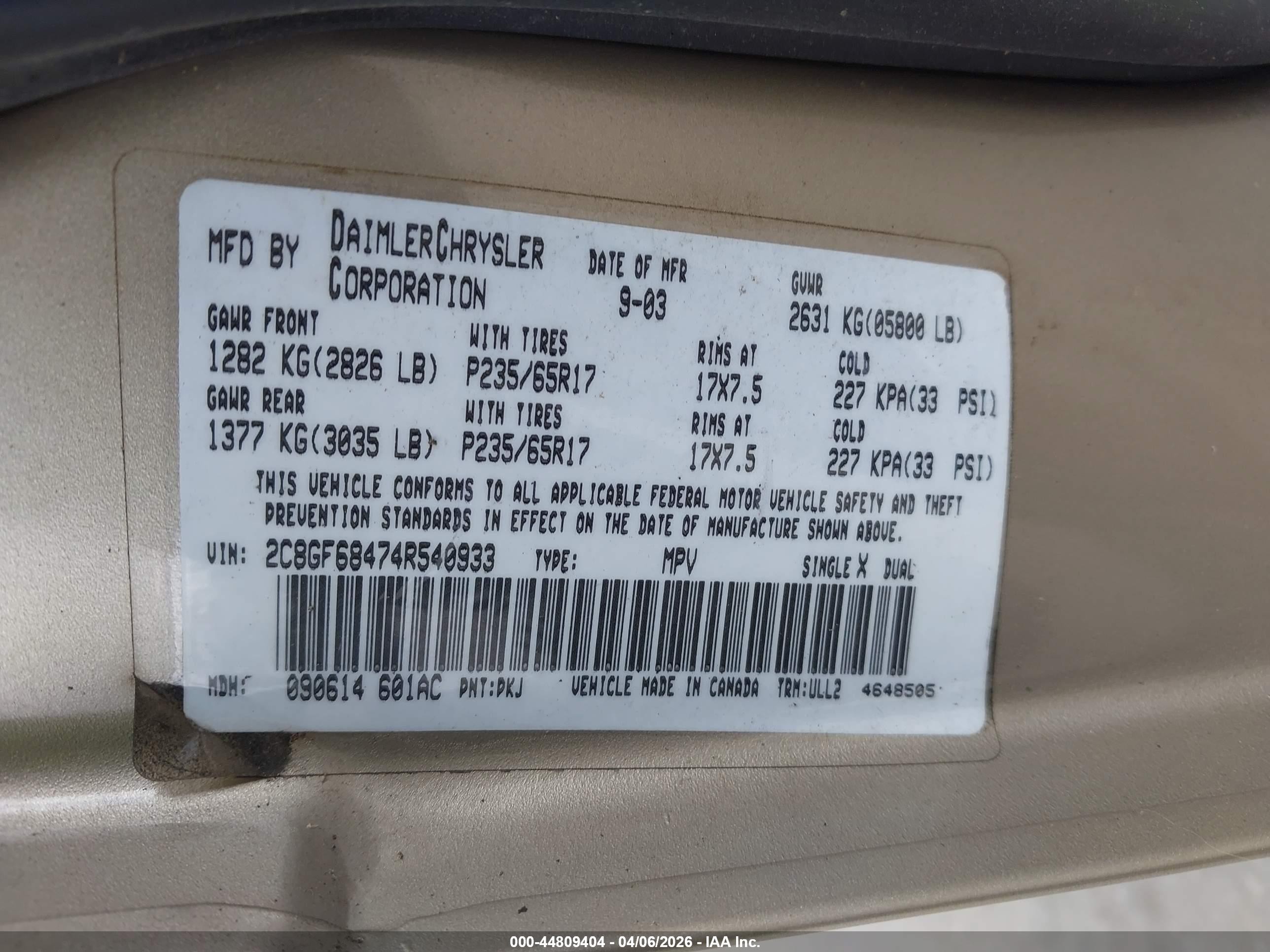 2004 Chrysler Pacifica   Gold vin: 2C8GF68474R540933