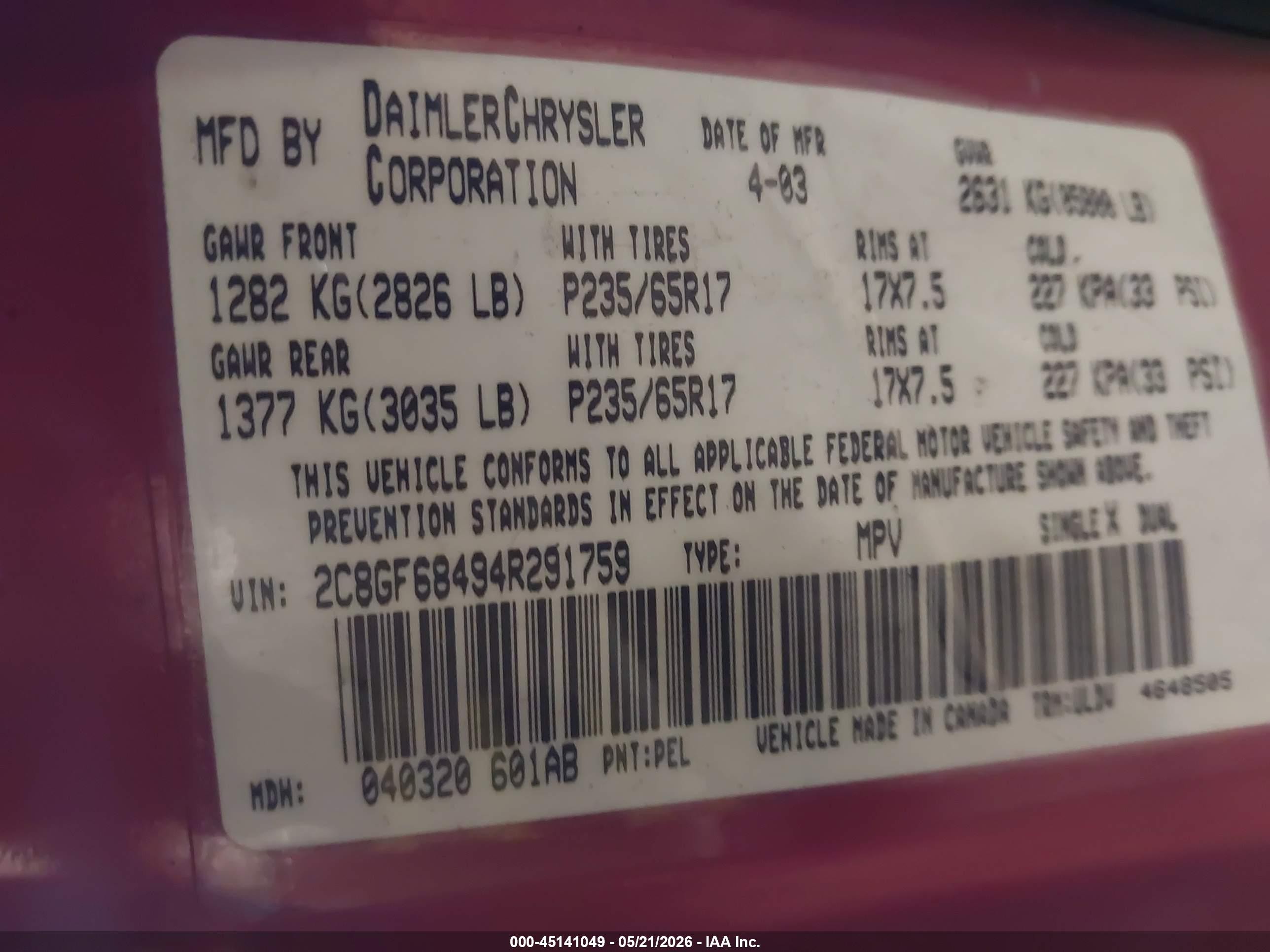 2004 Chrysler Pacifica   Red vin: 2C8GF68494R291759