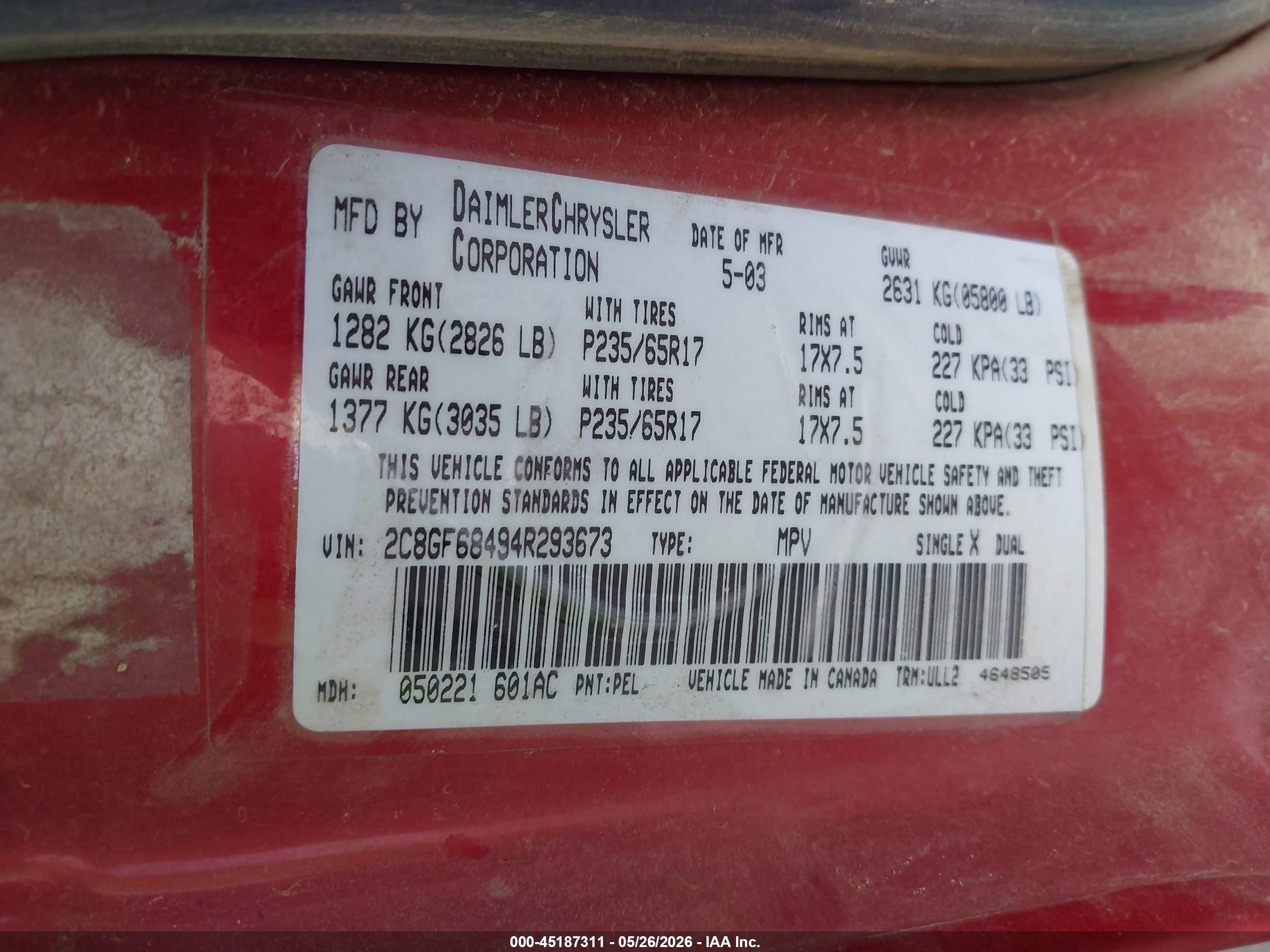 2004 Chrysler Pacifica   Red vin: 2C8GF68494R293673