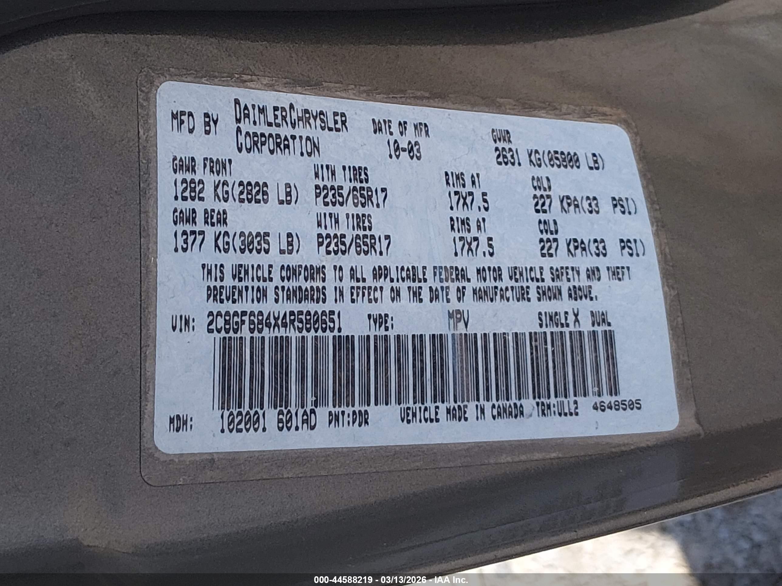 2004 Chrysler Pacifica   Серый vin: 2C8GF684X4R580651