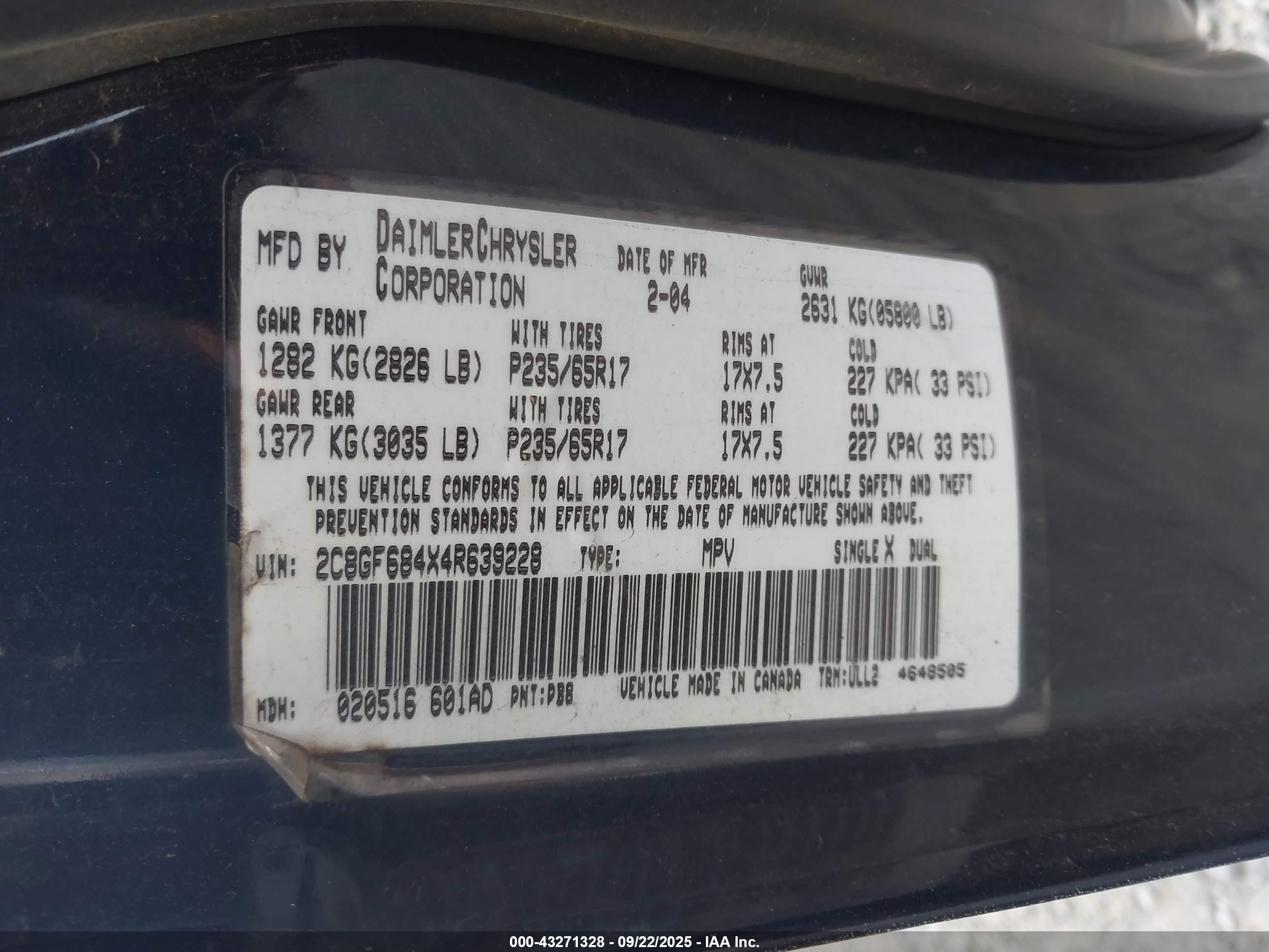 2004 Chrysler Pacifica   Синий vin: 2C8GF684X4R639228