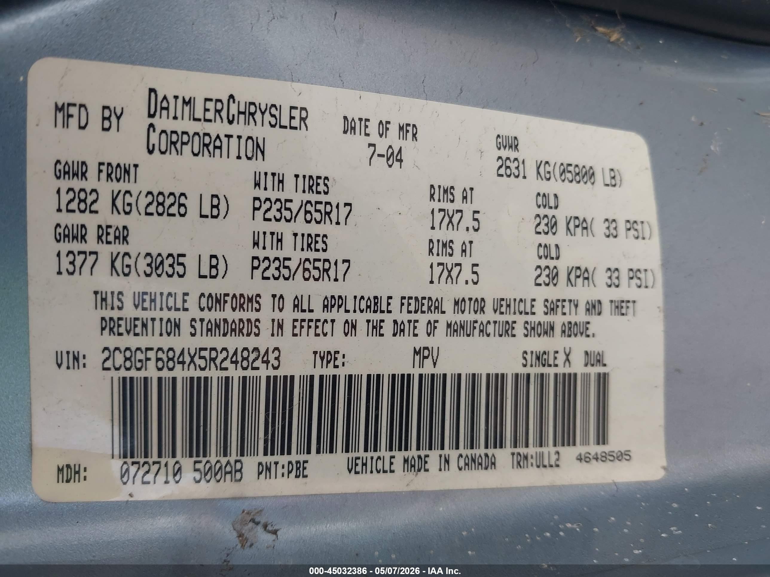 2005 Chrysler Pacifica Touring Blue vin: 2C8GF684X5R248243