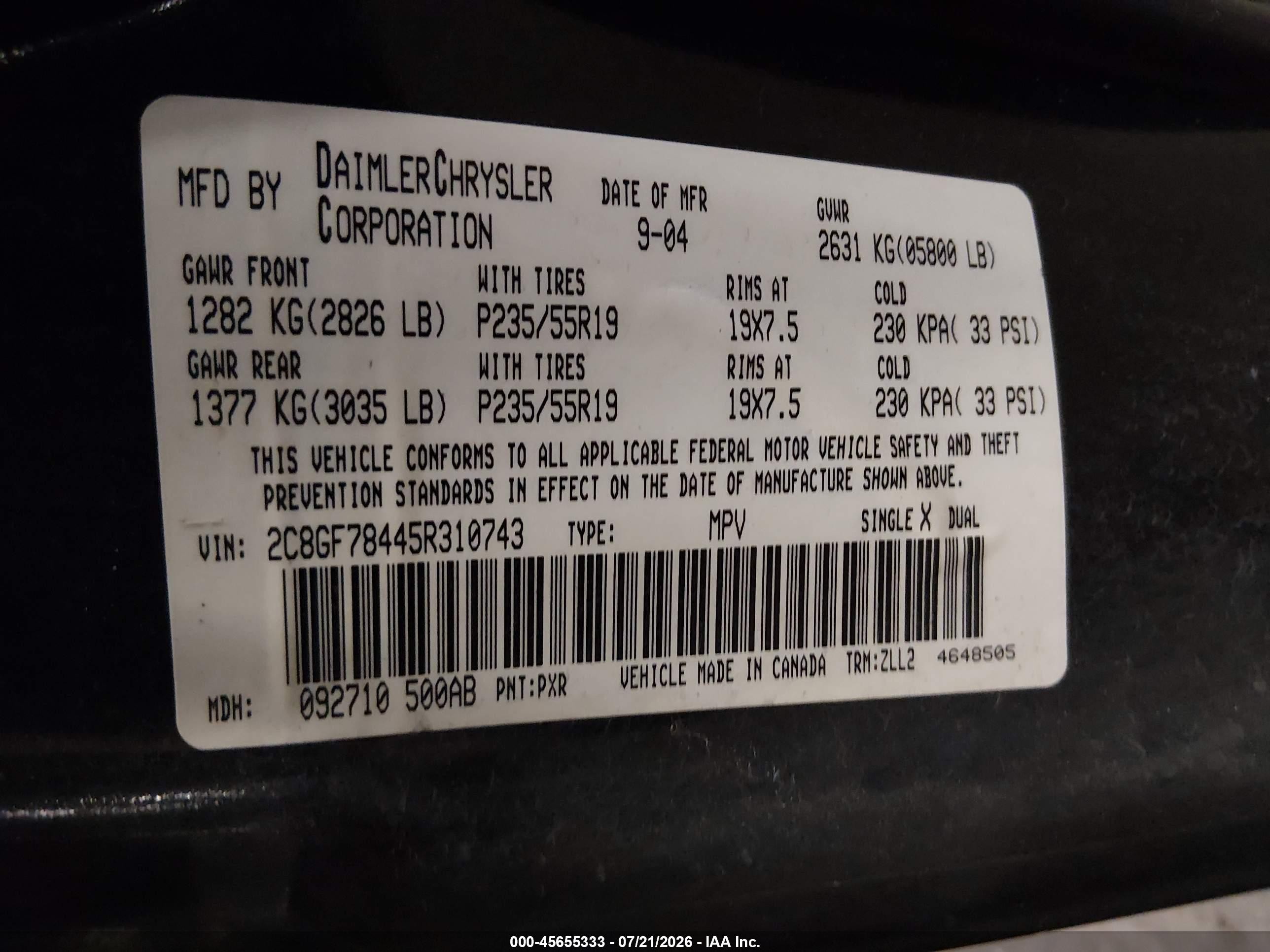2005 Chrysler Pacifica Limited Black vin: 2C8GF78445R310743