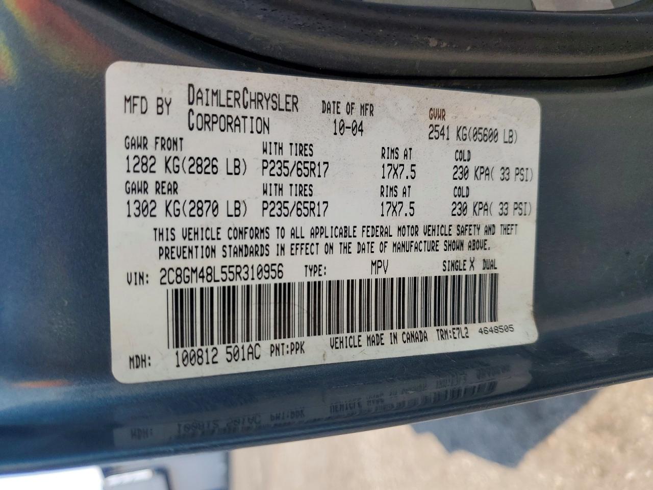 2005 Chrysler Pacifica Teal vin: 2C8GM48L55R310956