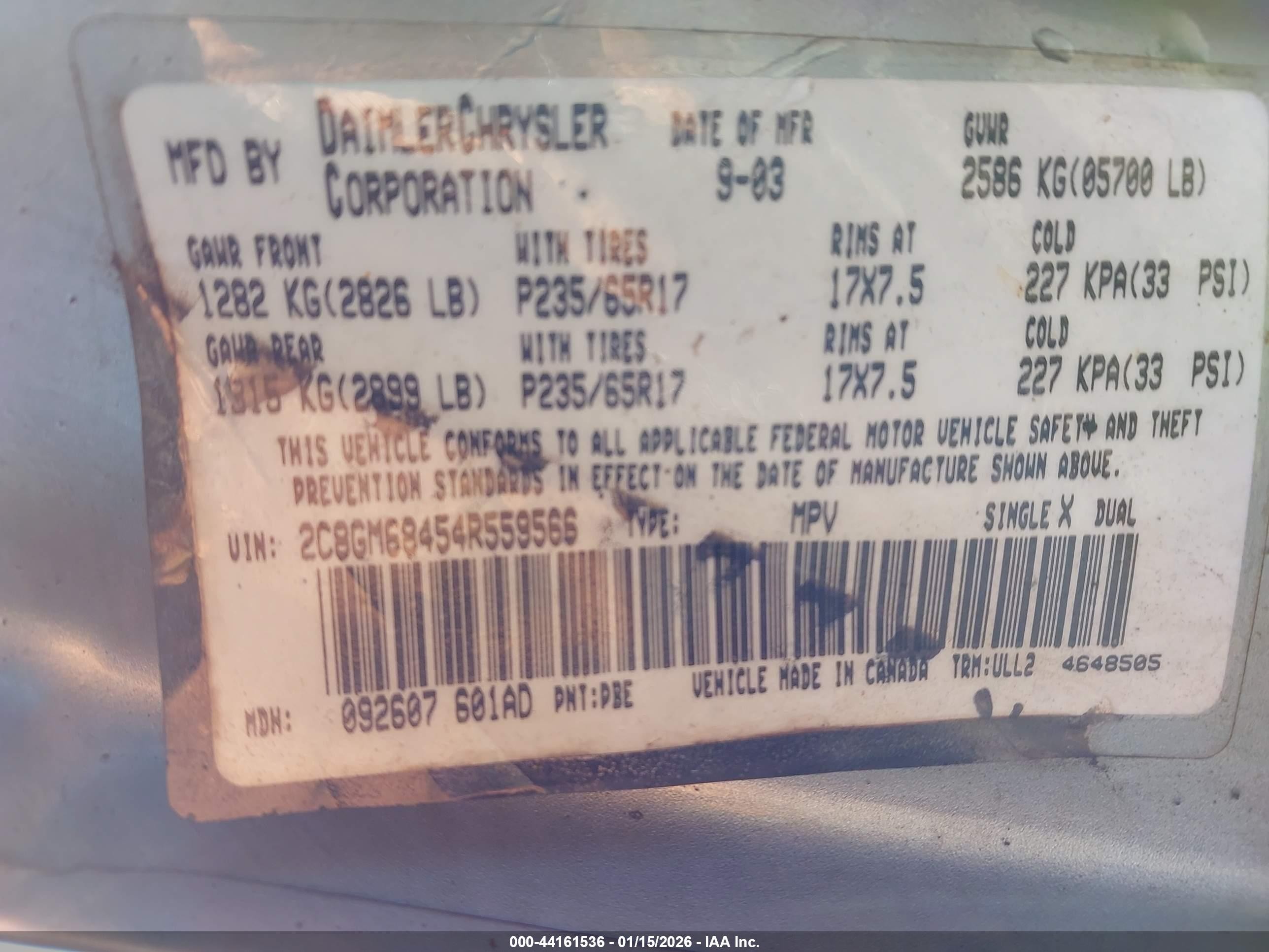 2004 Chrysler Pacifica   Light Blue vin: 2C8GM68454R559566