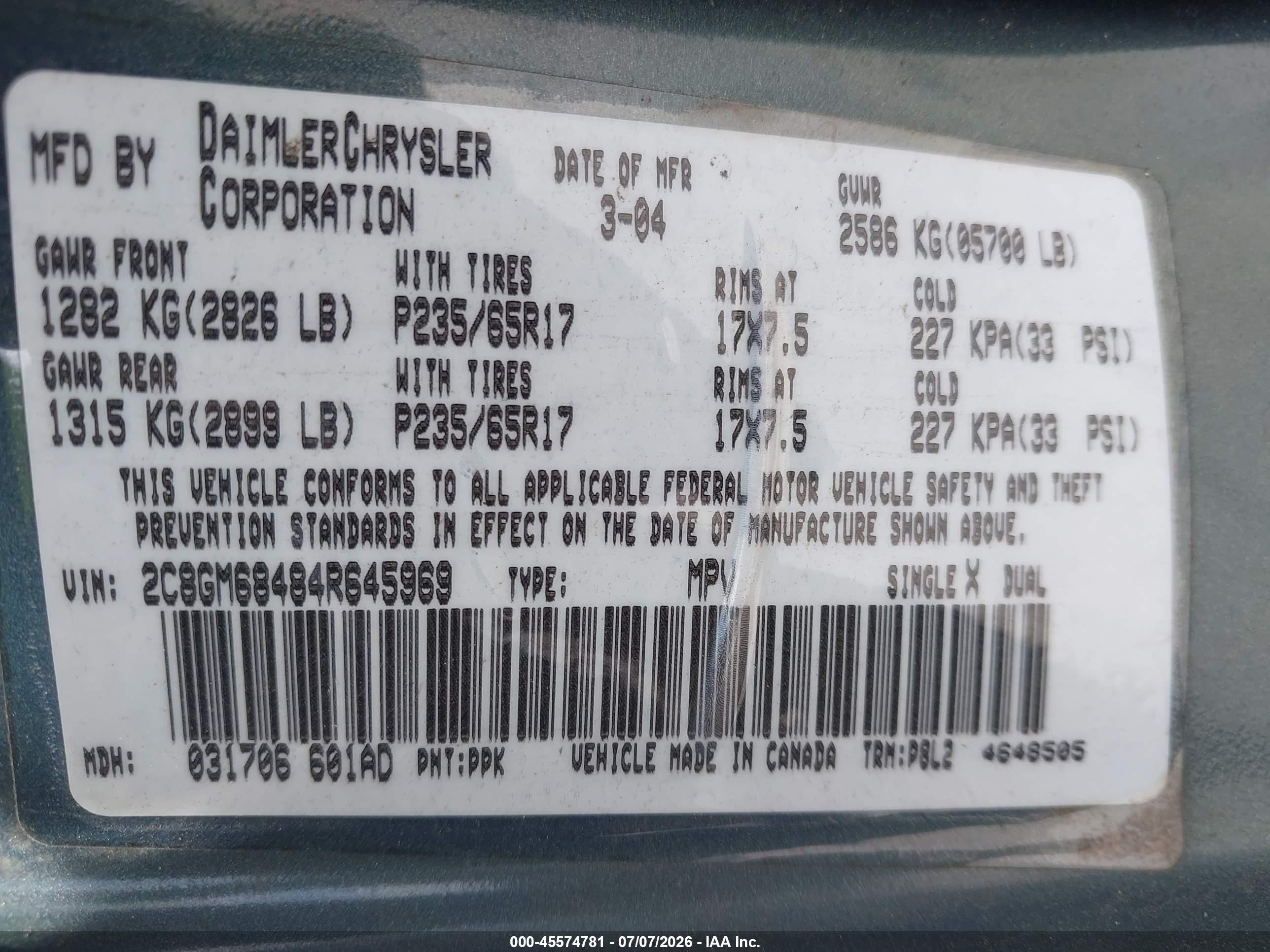 2004 Chrysler Pacifica   Green vin: 2C8GM68484R645969