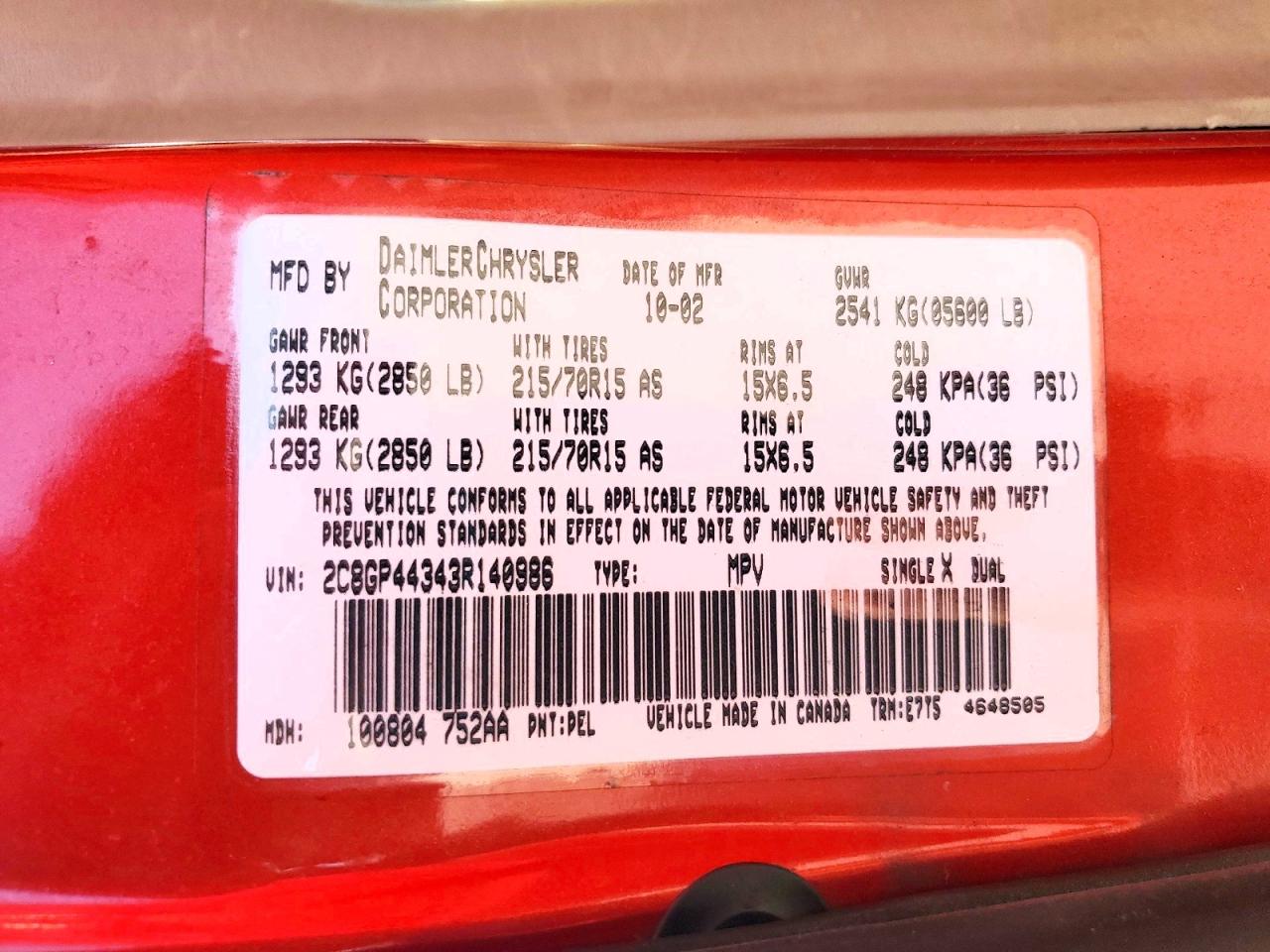 2003 Chrysler Town & Country Lx Red vin: 2C8GP44343R140986