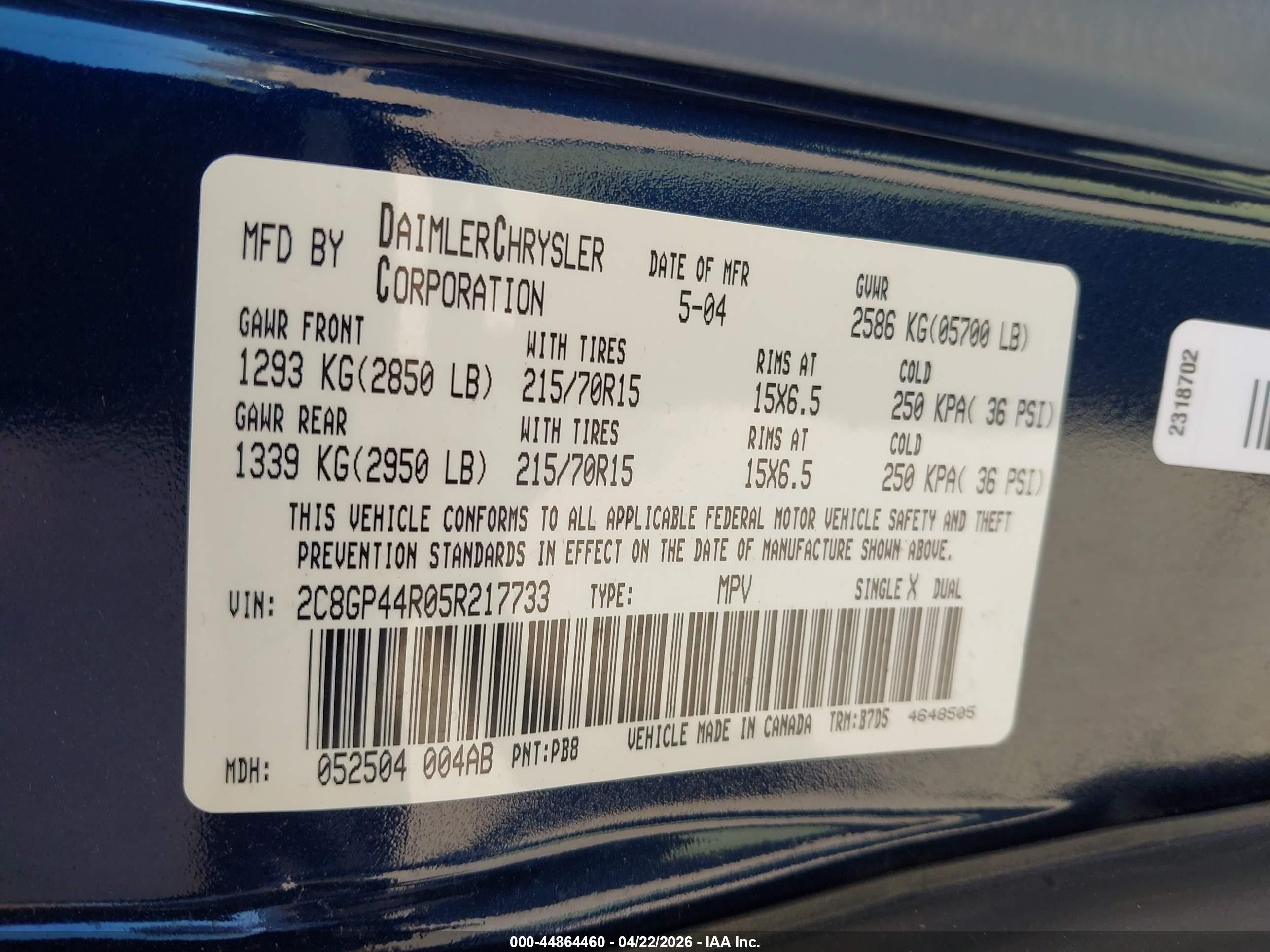 2005 Chrysler Town & Country Lx Blue vin: 2C8GP44R05R217733