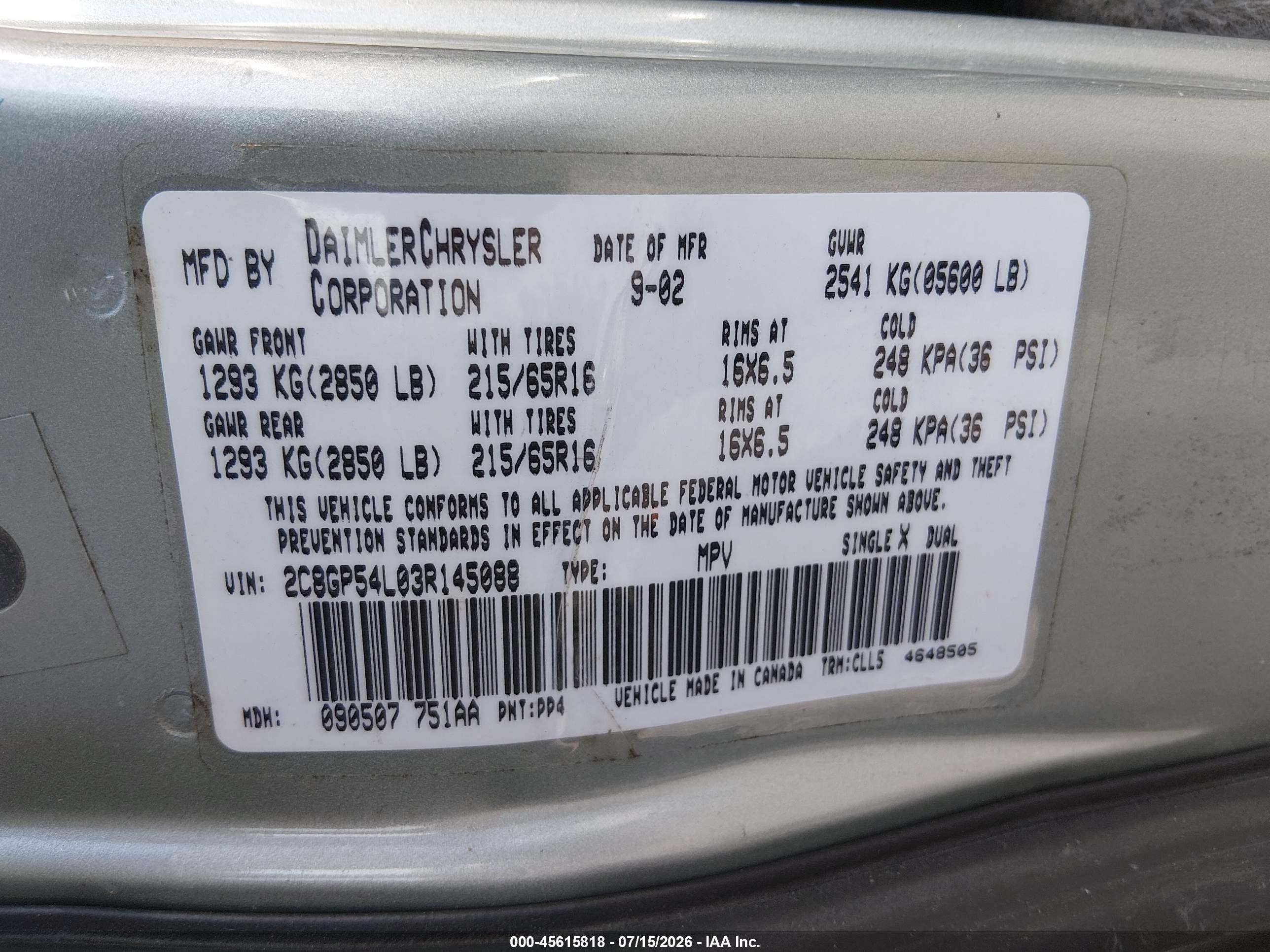 2003 Chrysler Town & Country Lxi Light Blue vin: 2C8GP54L03R145088