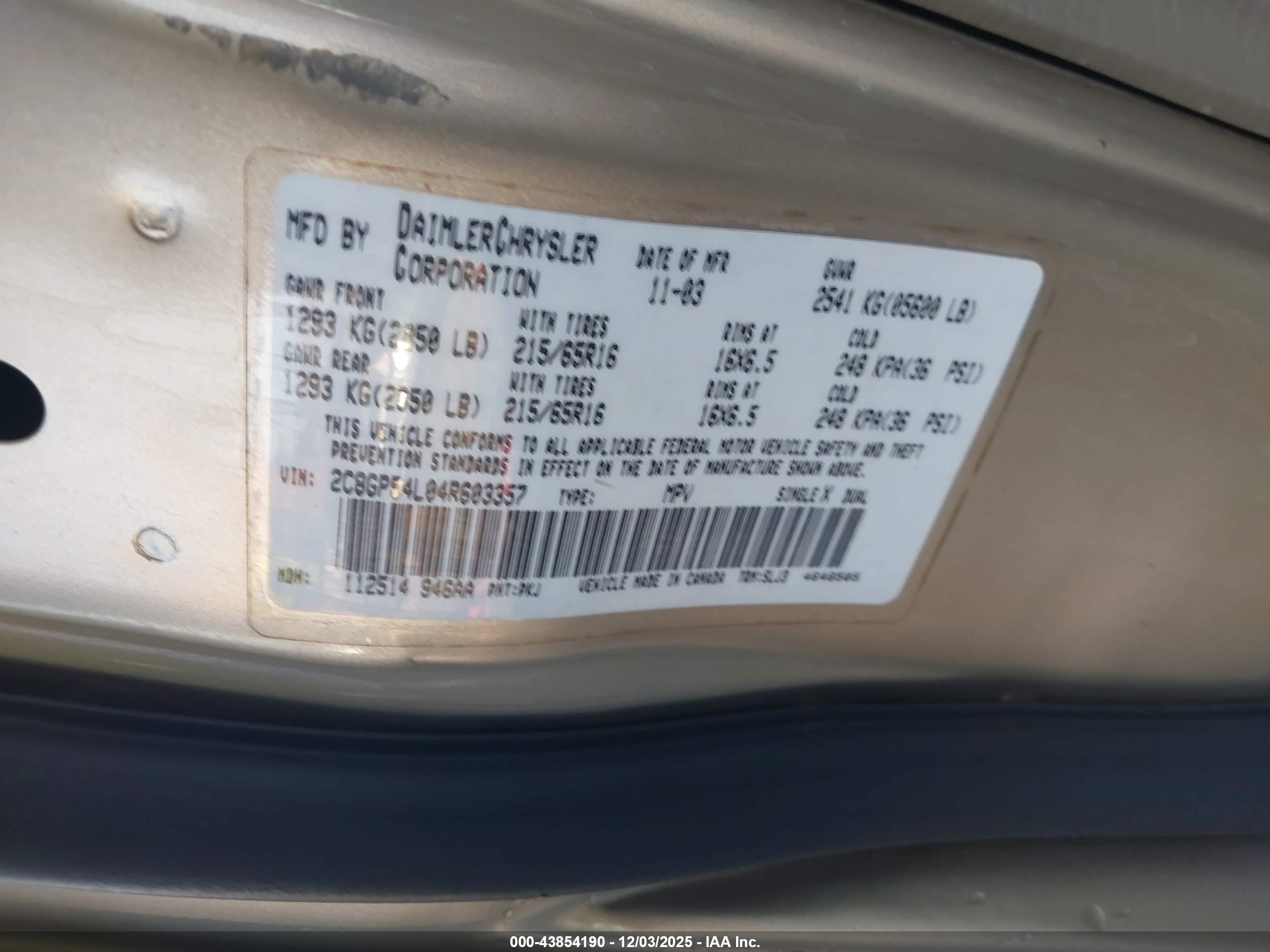2004 Chrysler Town & Country Touring Champagne vin: 2C8GP54L04R603357