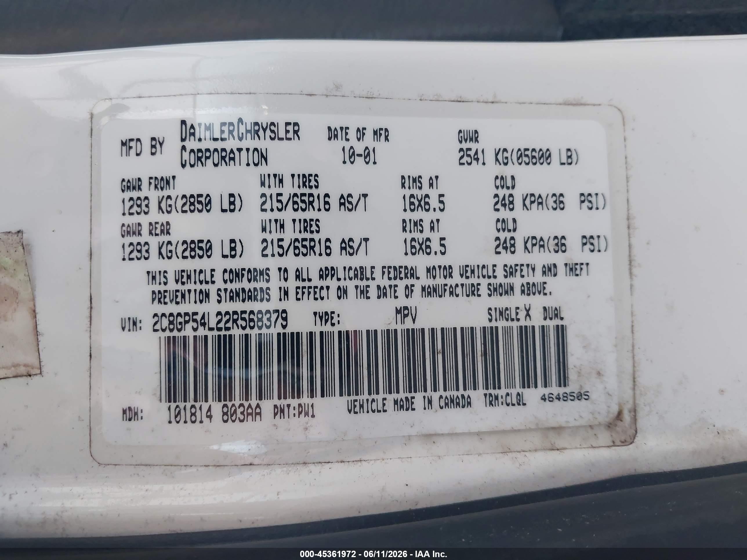 2002 Chrysler Town & Country Lxi White vin: 2C8GP54L22R568379