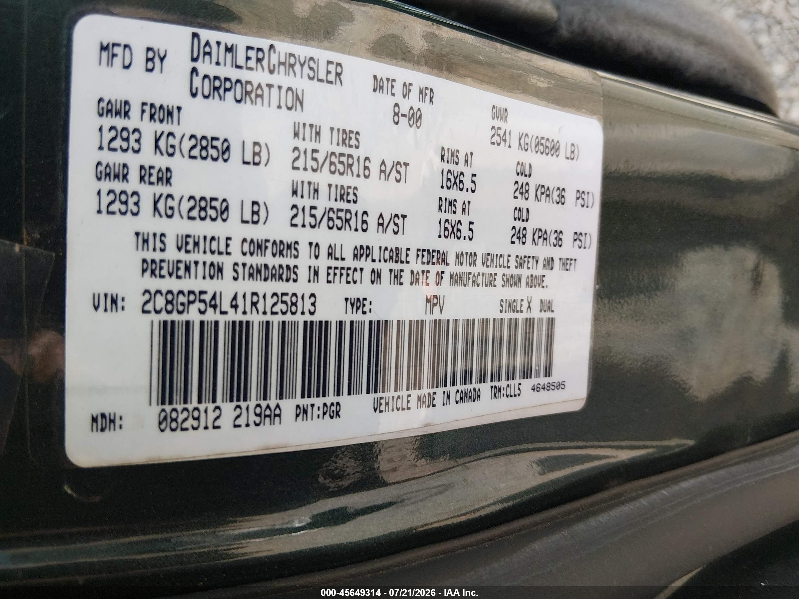 2001 Chrysler Town & Country Lxi Green vin: 2C8GP54L41R125813