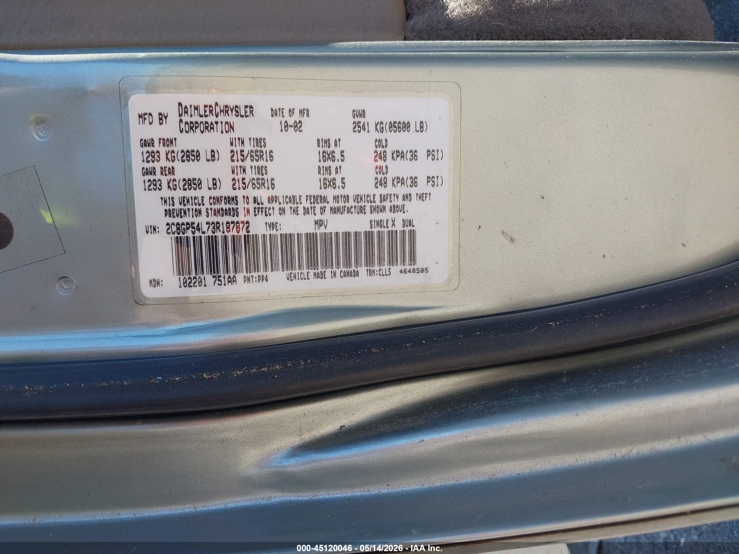 2003 Chrysler Town & Country Lxi Silver vin: 2C8GP54L73R187872