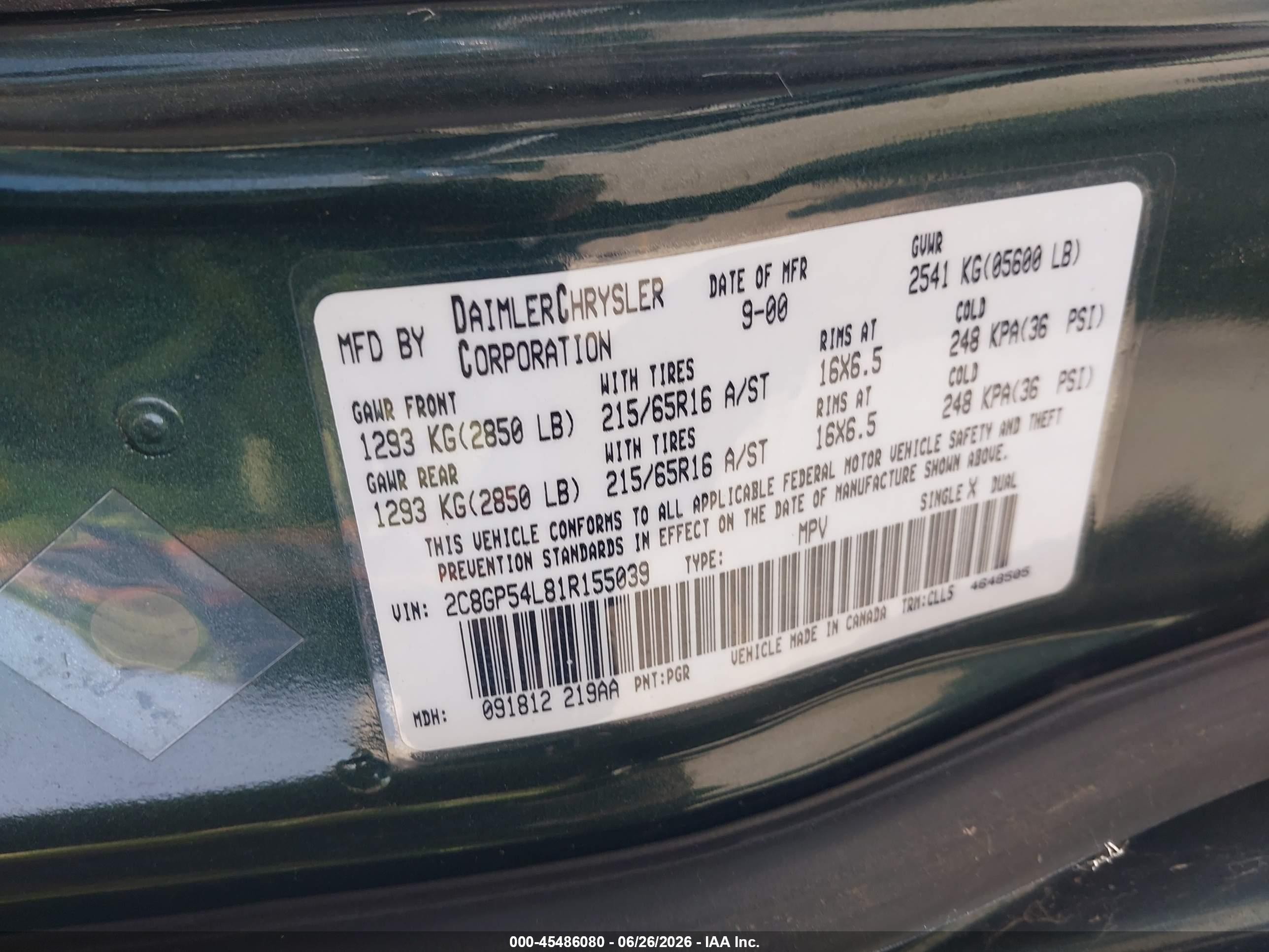 2001 Chrysler Town & Country Lxi Green vin: 2C8GP54L81R155039