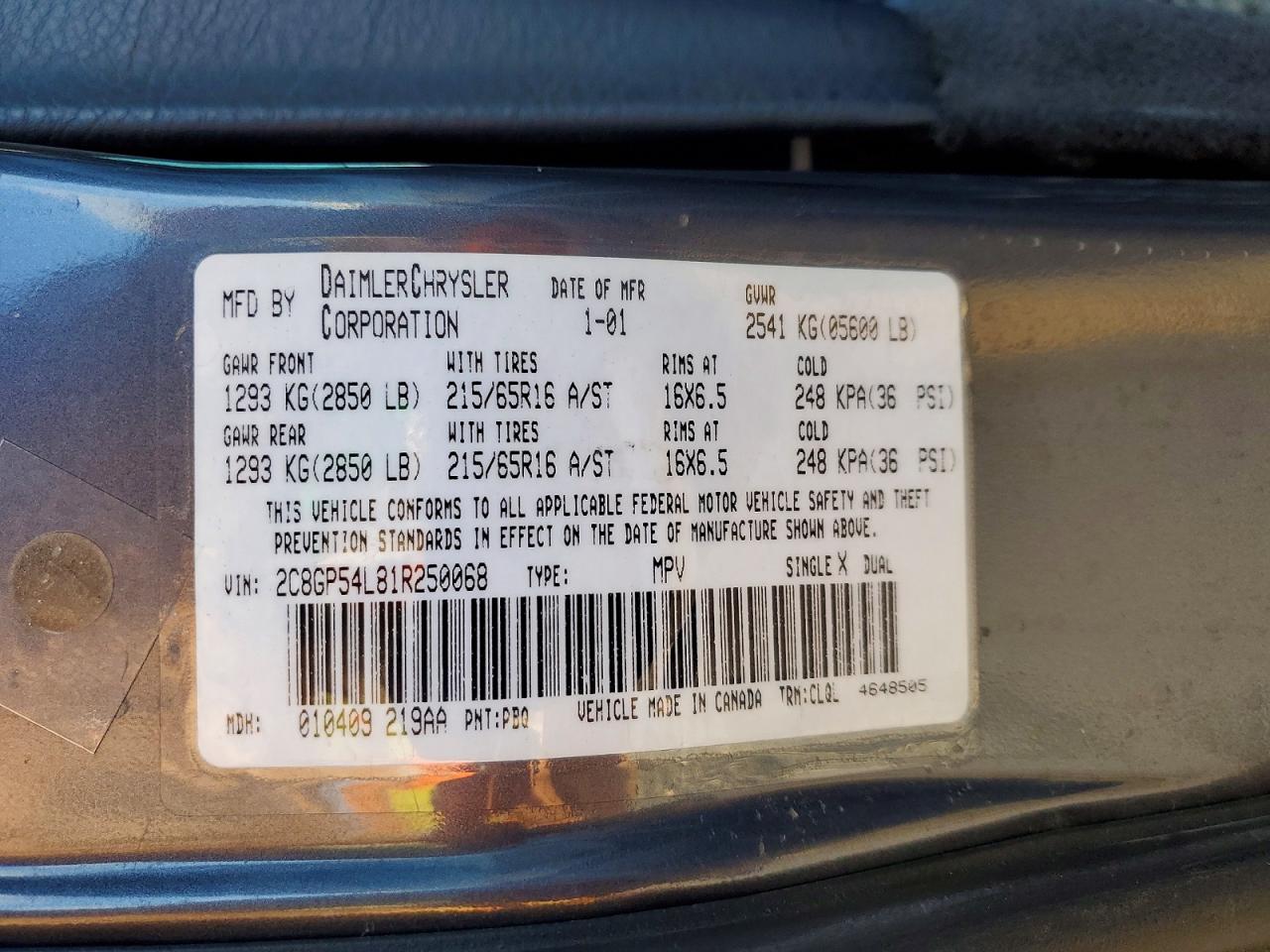 2001 Chrysler Town & Country Lxi Gray vin: 2C8GP54L81R250068