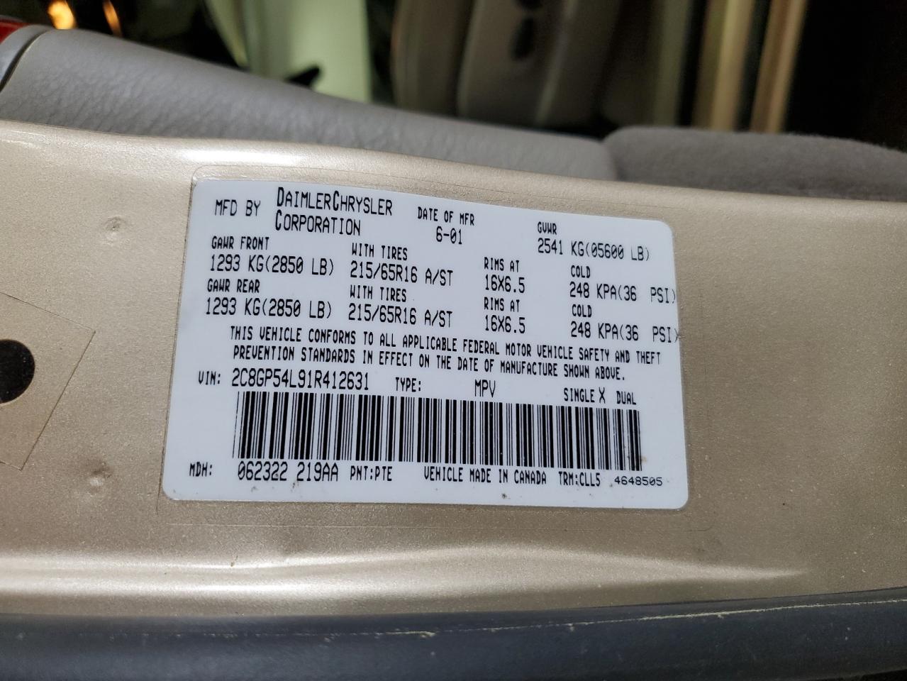 2001 Chrysler Town & Country Lxi Tan vin: 2C8GP54L91R412631