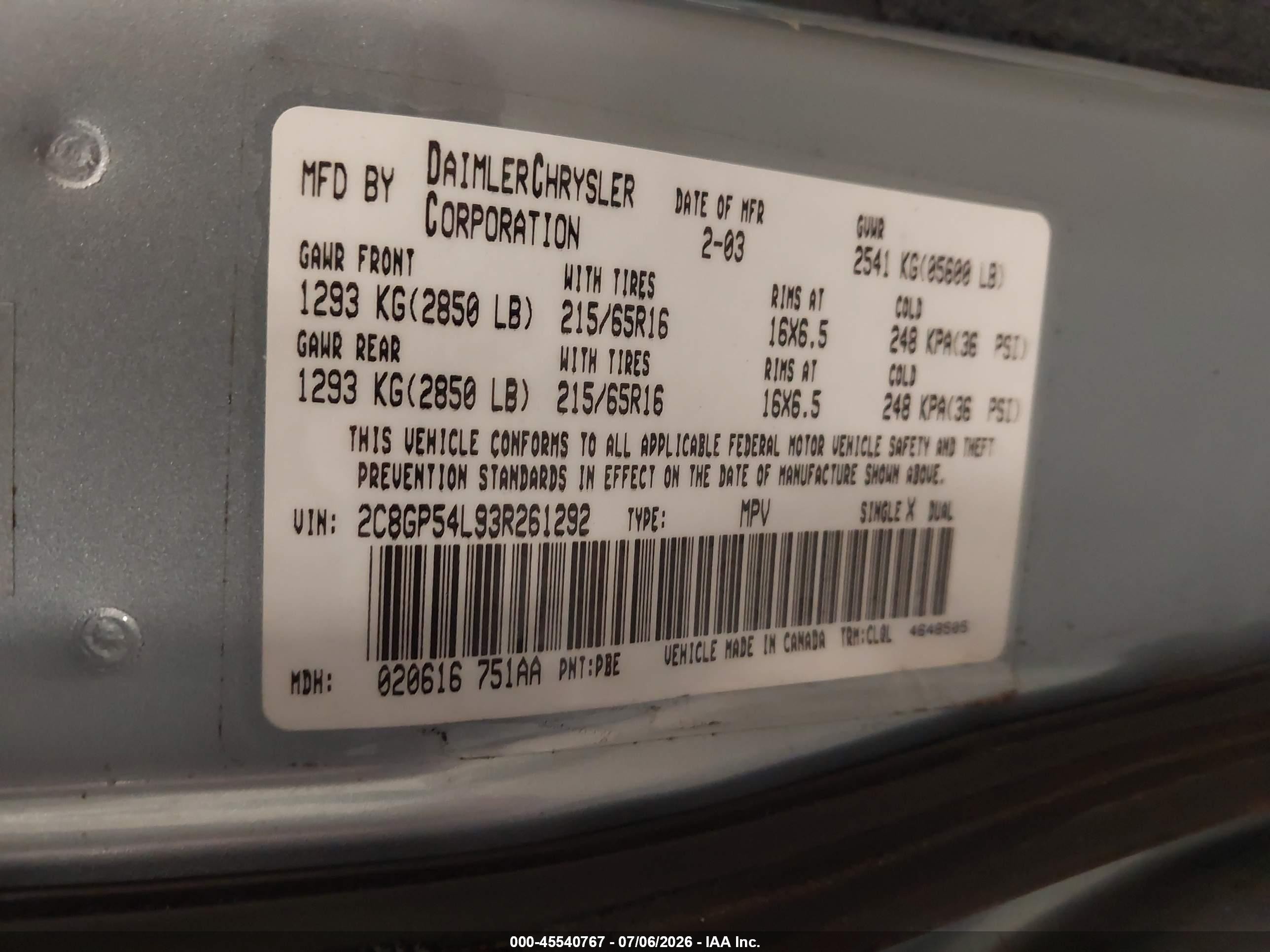 2003 Chrysler Town & Country Lxi Silver vin: 2C8GP54L93R261292