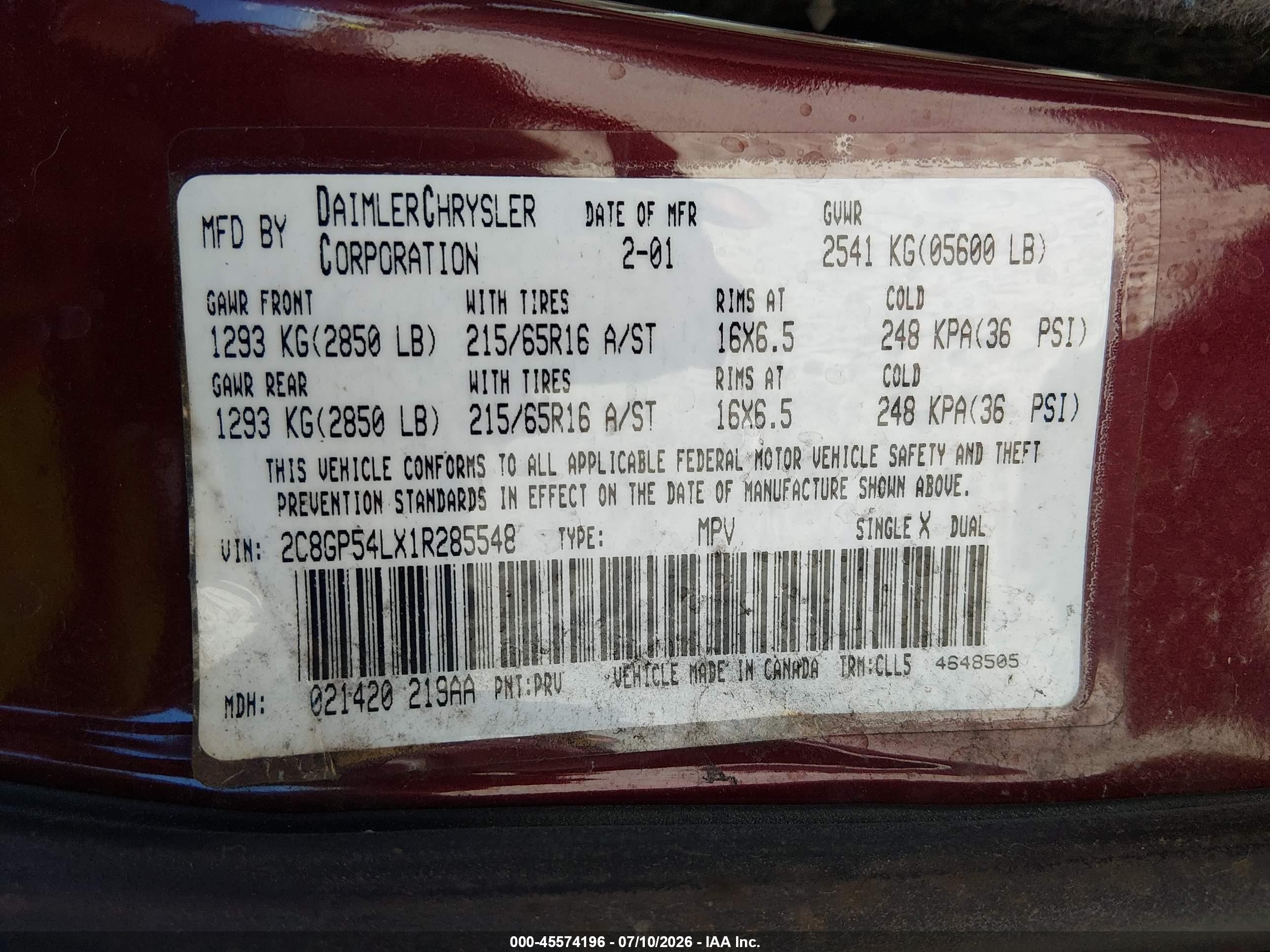 2001 Chrysler Town & Country Lxi Красный vin: 2C8GP54LX1R285548