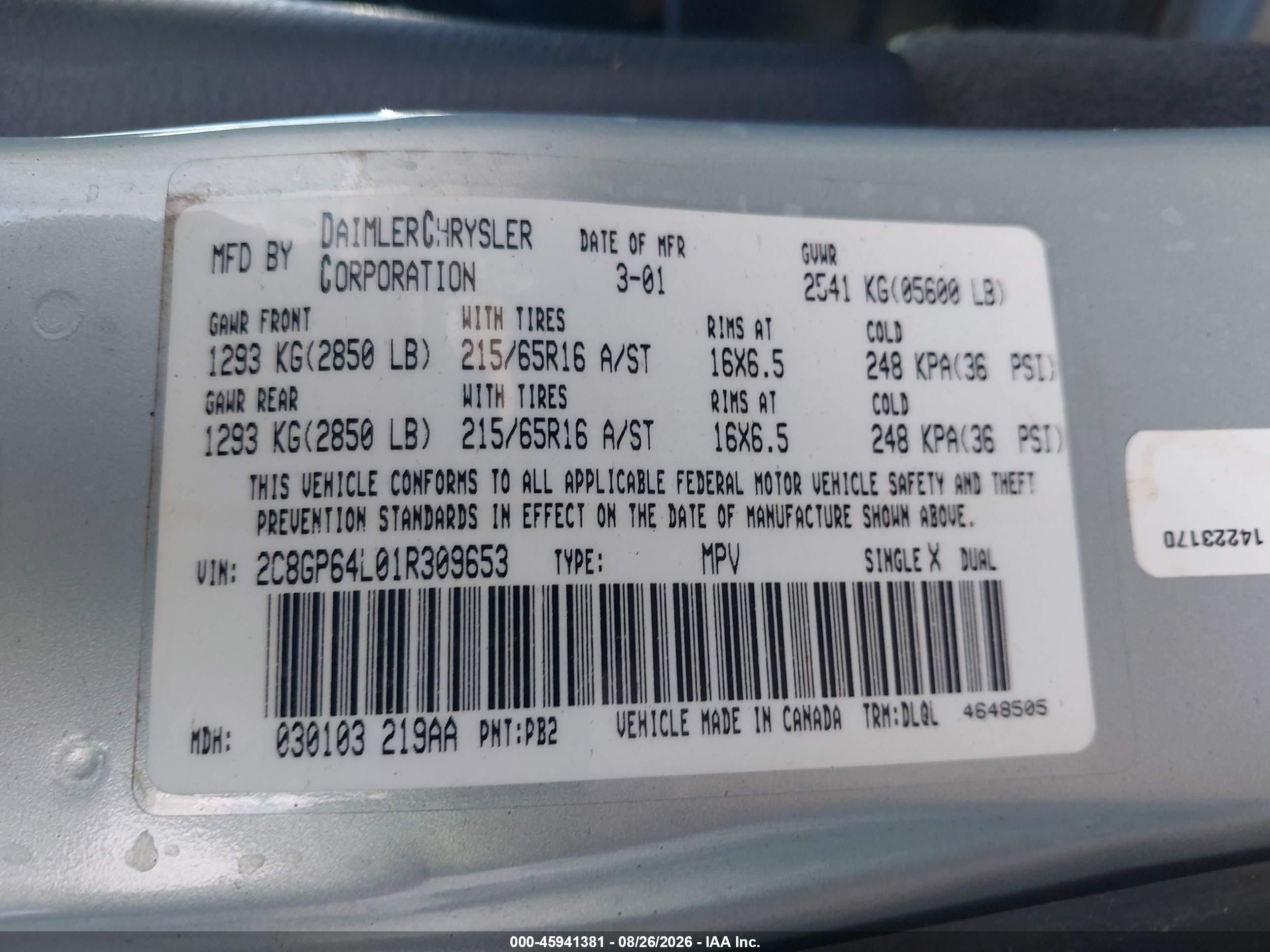 2001 Chrysler Town & Country Limited Light Blue vin: 2C8GP64L01R309653