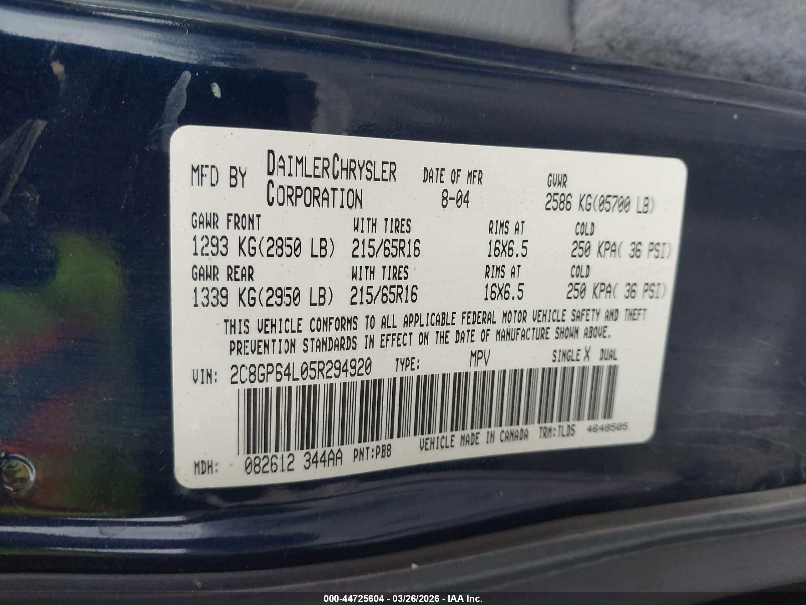 2005 Chrysler Town & Country Limited Синий vin: 2C8GP64L05R294920