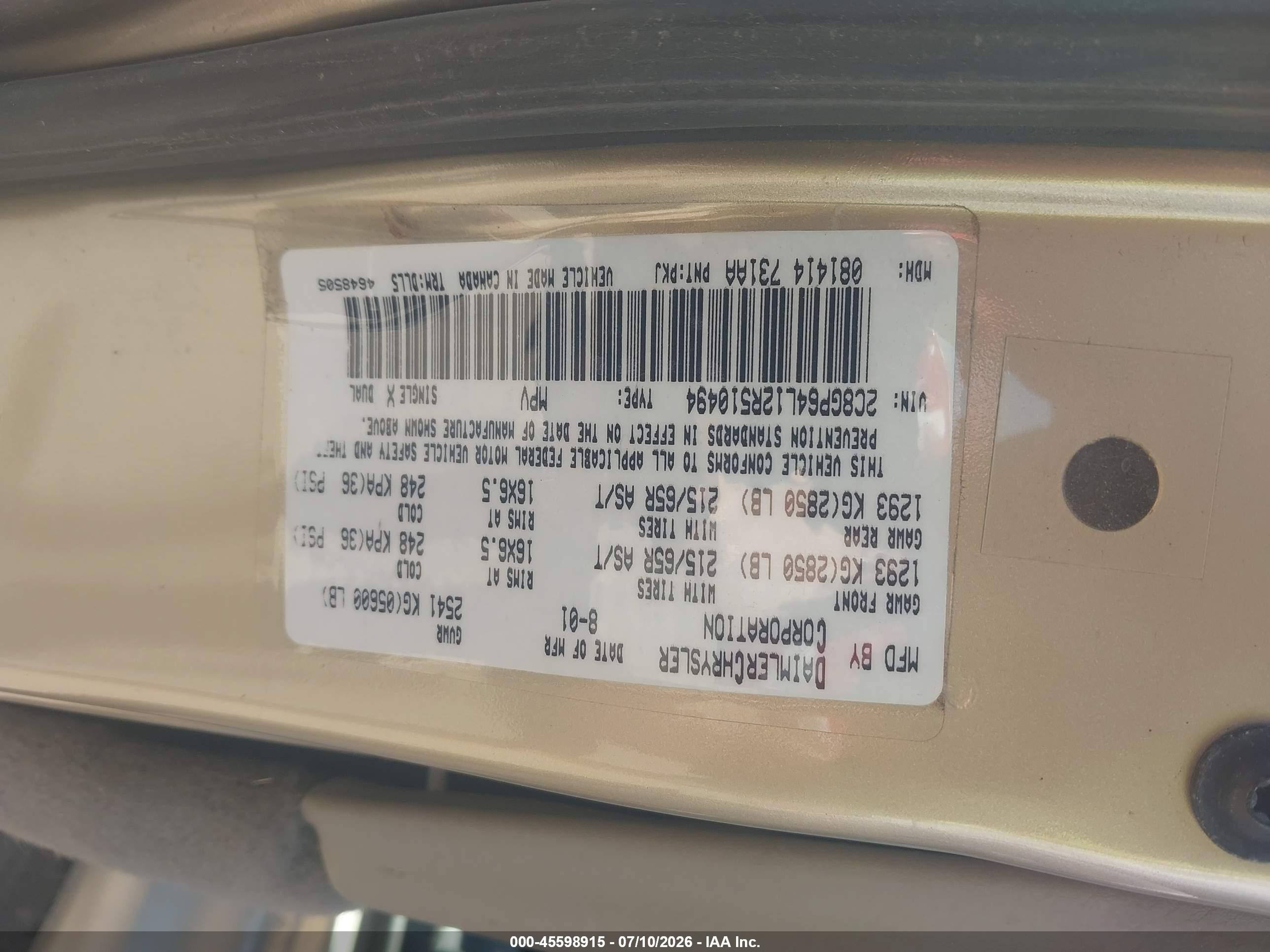 2002 Chrysler Town & Country Limited Gold vin: 2C8GP64L12R510494