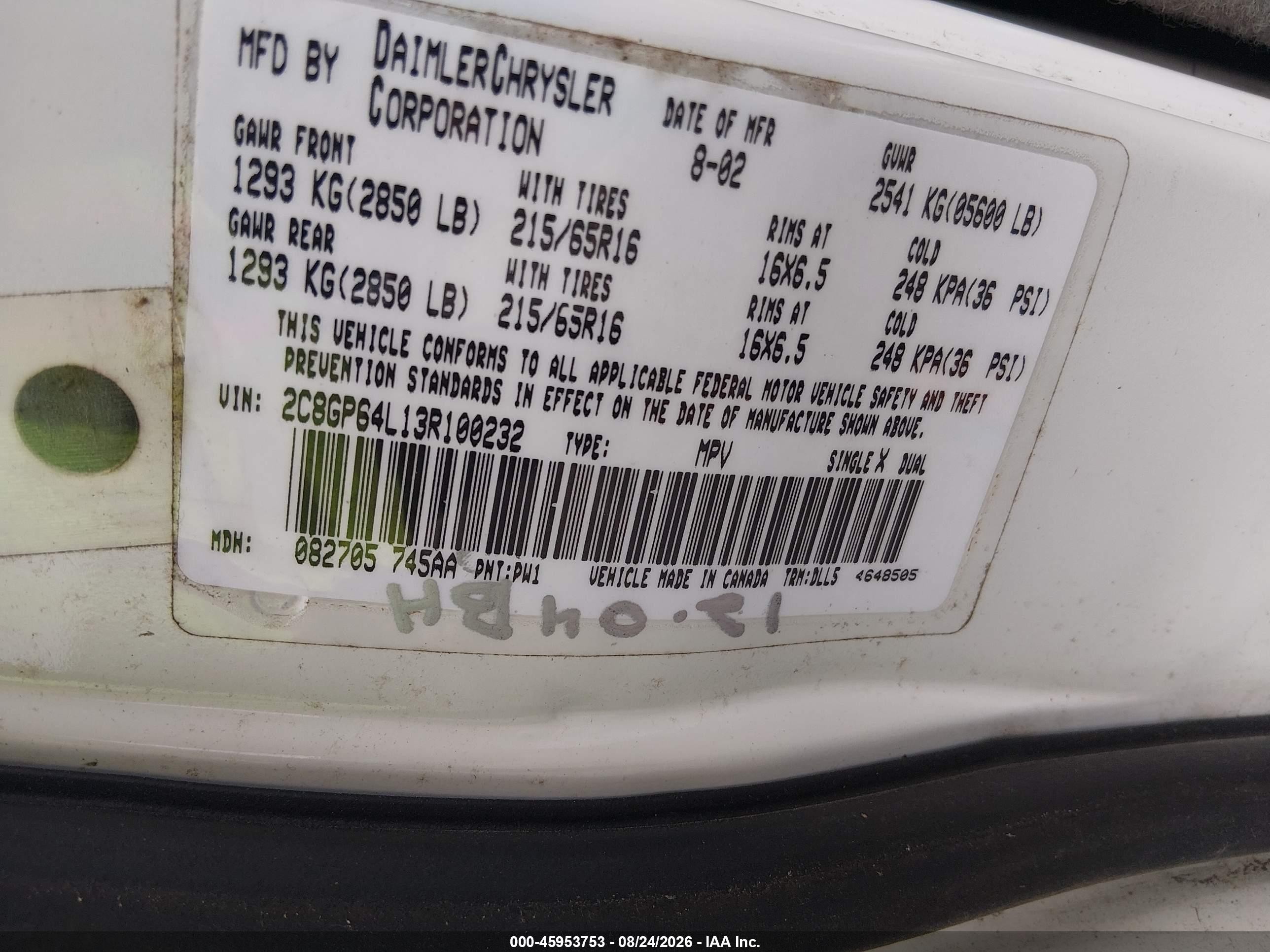 2003 Chrysler Town & Country Limited Белый vin: 2C8GP64L13R100232
