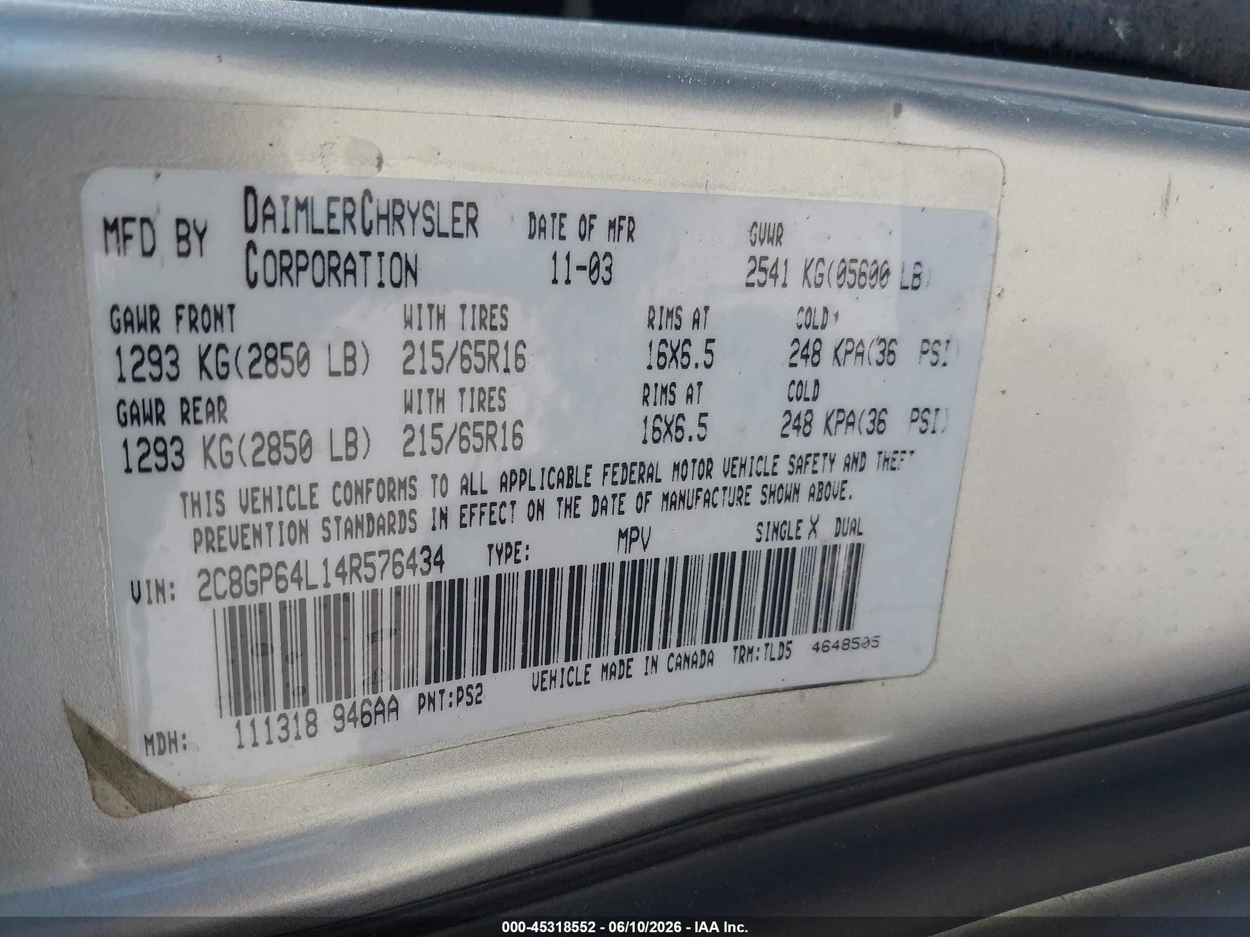 2004 Chrysler Town & Country Limited Silver vin: 2C8GP64L14R576434