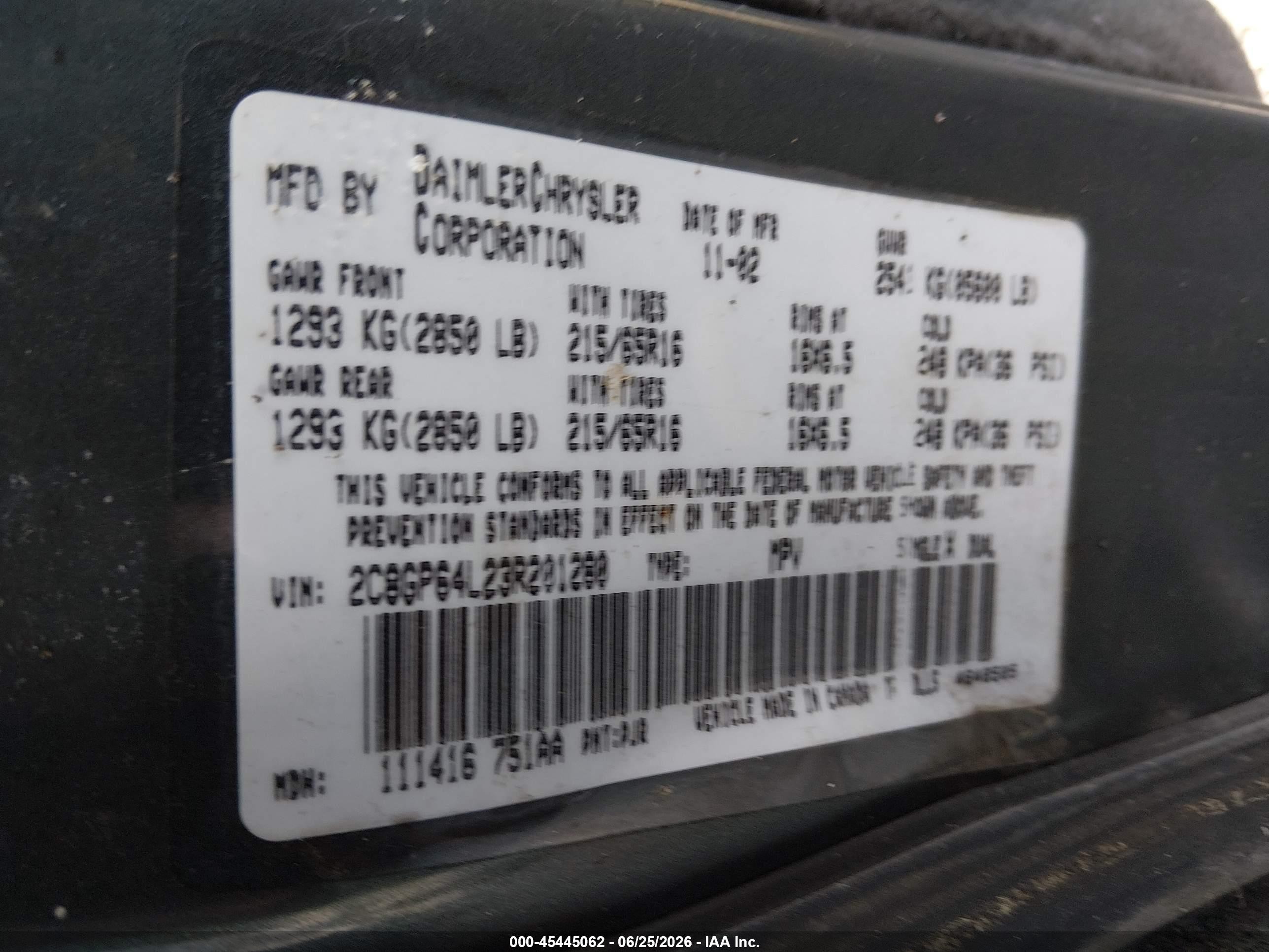 2003 Chrysler Town & Country Limited Green vin: 2C8GP64L23R201280