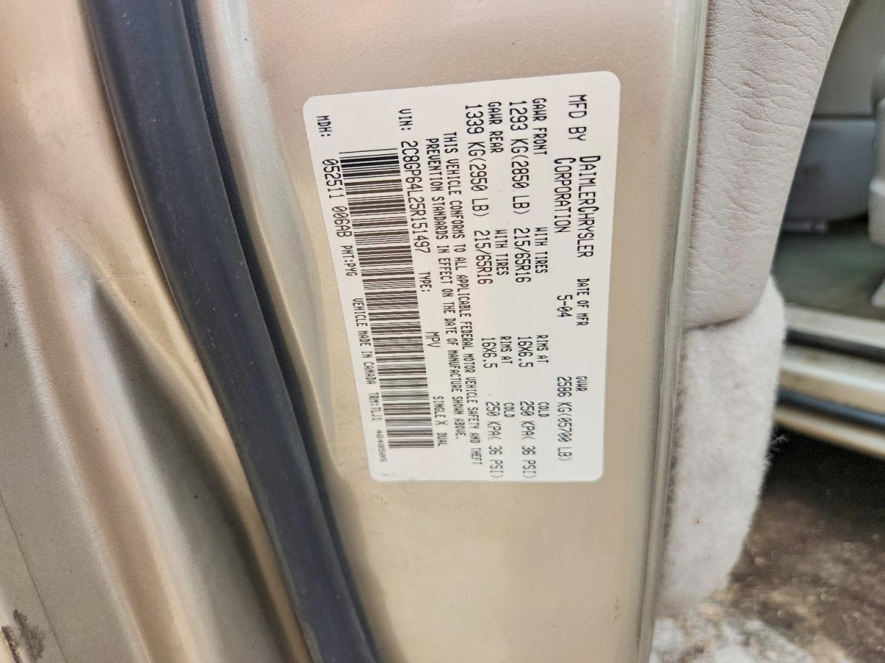 2005 Chrysler Town & Country Limited Gold vin: 2C8GP64L25R151497