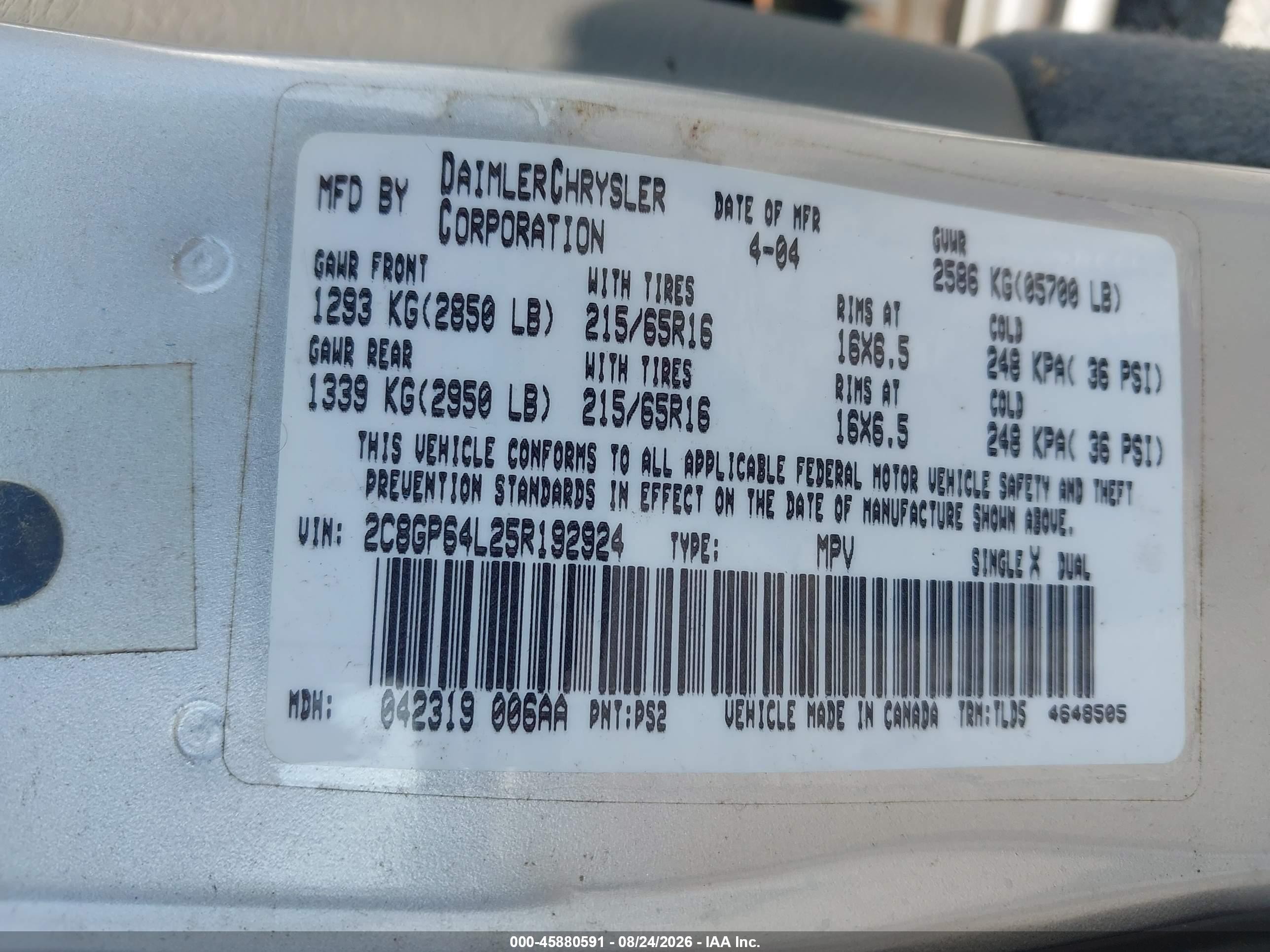 2005 Chrysler Town & Country Limited Серебряный vin: 2C8GP64L25R192924