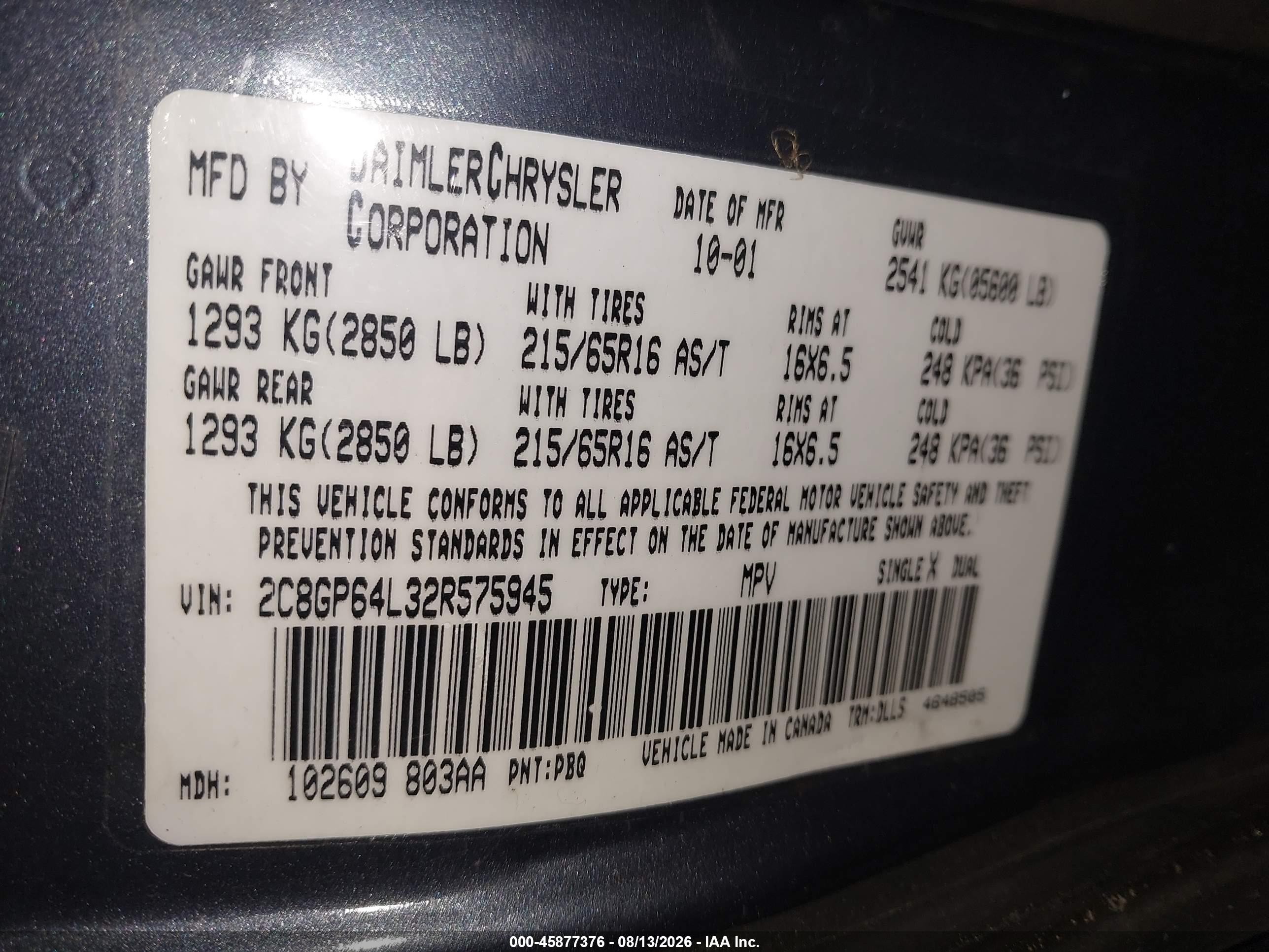 2002 Chrysler Town & Country Limited Gray vin: 2C8GP64L32R575945