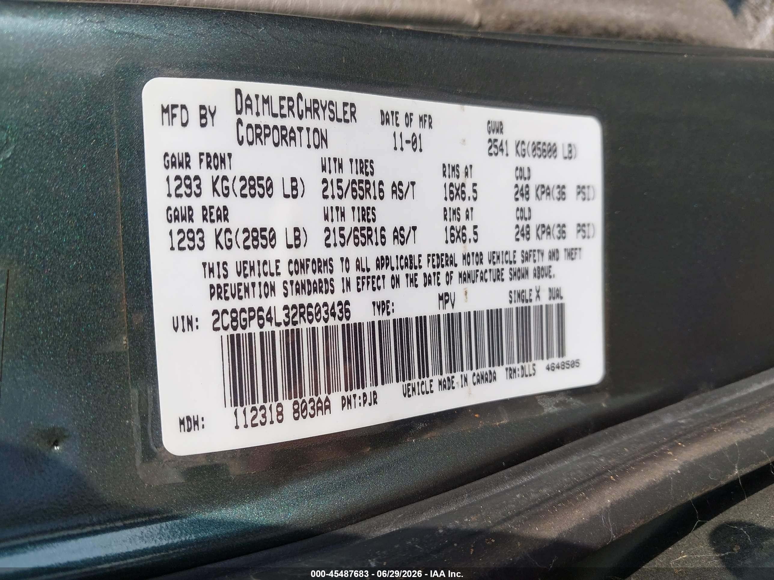 2002 Chrysler Town & Country Limited Green vin: 2C8GP64L32R603436