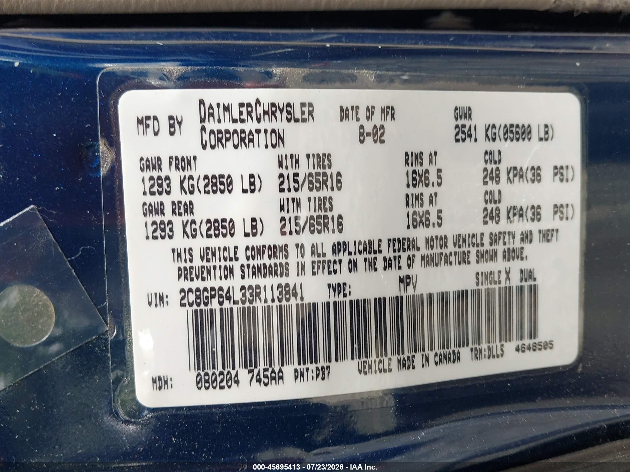 2003 Chrysler Town & Country Limited Blue vin: 2C8GP64L33R113841