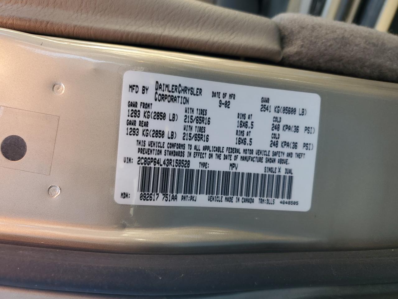 2003 Chrysler Town & Country Limited Tan vin: 2C8GP64L43R158528